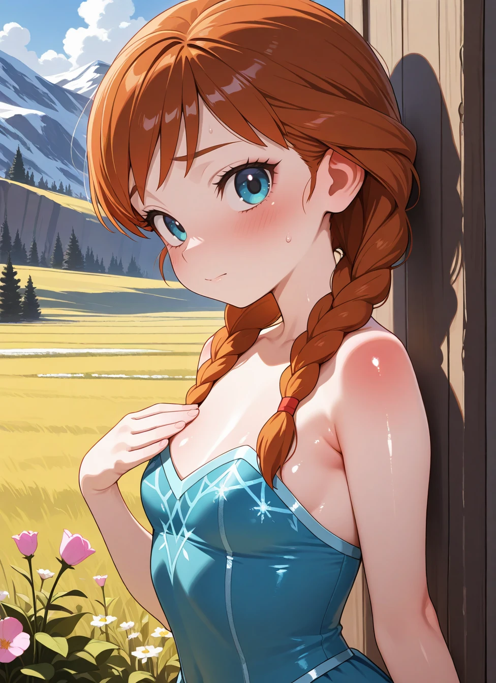 masterpiece,best quality,amazing quality,very aesthetic,absurdres,newest, huge filesize, 1girl, anna \(frozen\),  dress, outdoors, upper body,, <BREAK> , masterpiece, amazing quality, best quality, ultra-detailed, 8K, illustration, CG, clear skin, ultra-detailed-eyes, soft skin, shiny skin, shiny hair, very awa, very as2, anime coloring,, <BREAK> (body blush:1.2),, , shiny, shiny skin, shiny hair, soft body,