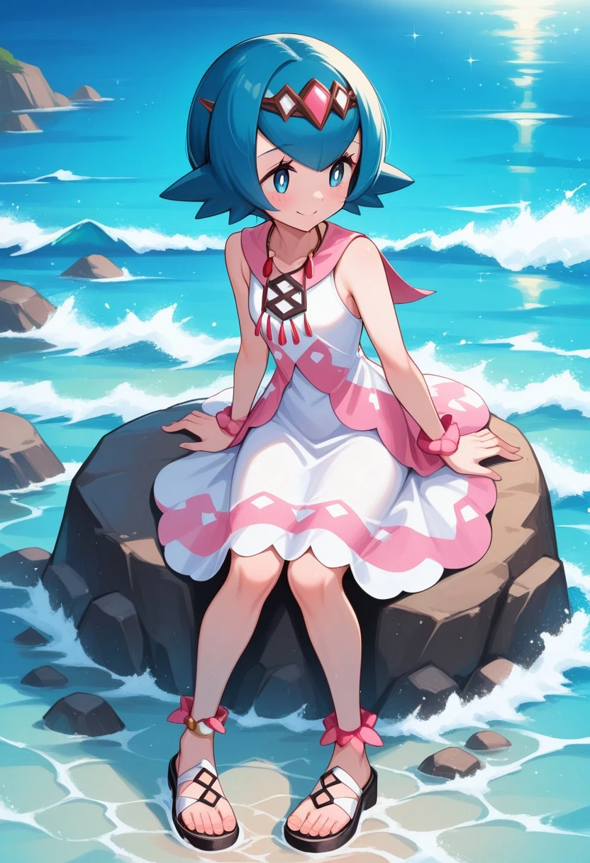 (1girl), solo, sitting, on rock, sea, feet_in_water, smile, [lana_\(pokemon\)], short_hair, blue_hair, hairband, sleeveless_dress, white_dress, [pink_dress] bracelet, jewelry, necklace, anklets, sandals, toes, official_alternate_costume, , masterpiece,amazing quality, very aesthetic, high resolution ,ultra-detailed, absurdres, newest,syglana