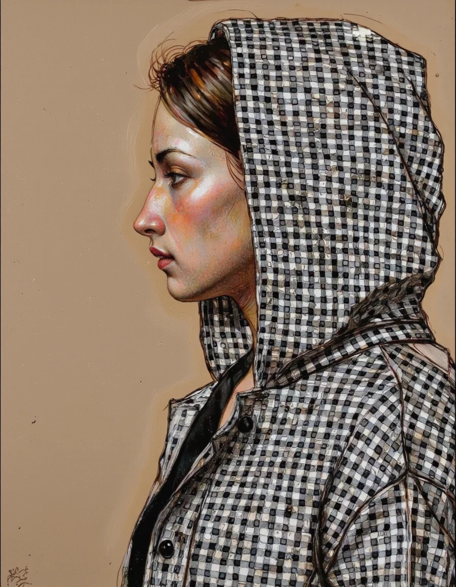 By Craig Hanna. A portrait of a woman in a checkered hooded jacket, captured from profile. the woman, who appears to be in her mid-twenties, has light skin, dark hair, and a serious expression. she is facing the viewer, with her eyes directed slightly to the side. her lips are slightly parted, and she has a nose piercing. her head is covered by a black and white chequered hood, which is intricately designed with a pattern of small squares. the background is a simple beige color, which contrasts with the warm tones of the woman's clothing. the image has a watermark in the bottom right corner, adding a subtle touch to the overall composition.