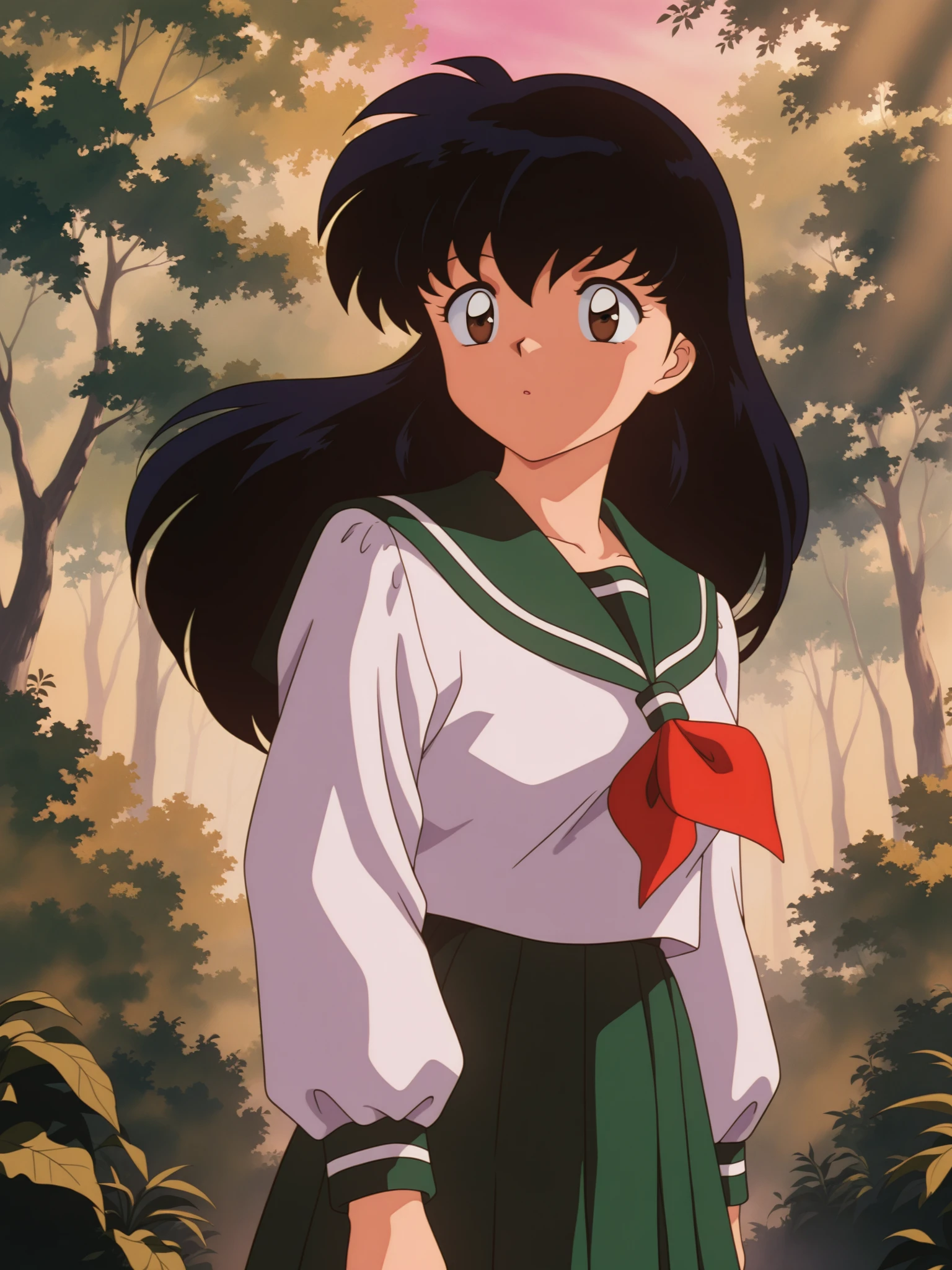 masterpiece, best quality, amazing quality, very aesthetic, absurdres,score_9, score_8_up,sharp focus,, ,anime coloring, anime screenshot,,simple background, retro artstyle, outdoors, forest, kagomeillustrious, 1girl, solo, long hair, black hair, long sleeves, brown eyes, school uniform, serafuku, green sailor collar, red neckerchief, sailor collar, neckerchief <lora:kagomeIllustrious:1>
