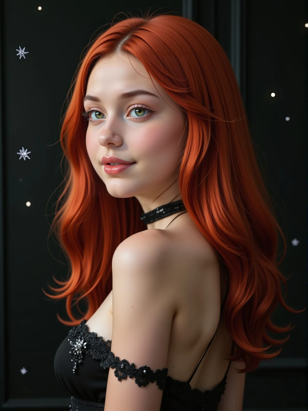 Sharp image, 4K, detailed photography of a young woman, side view. She is looking away and wearing an elegant dress and a choker. She is smiling. Eyeliner. There is a black wall behind her and magical floating particles., <lora:Woomy_6_Flux:1.2> green eyes, full lips, redhaired, long hair,