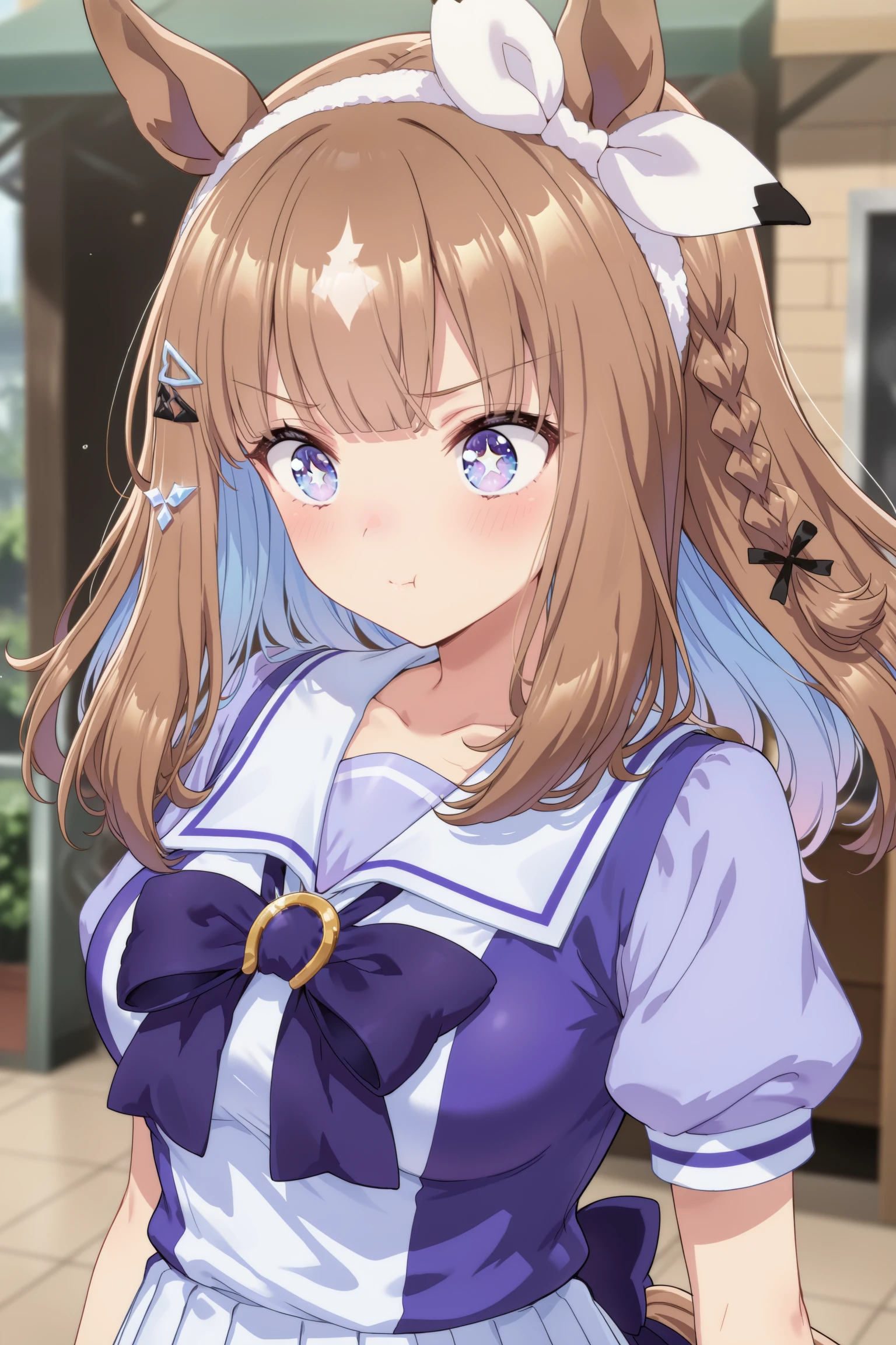 1girl, almond eye (umamusume), umamusume,horse girl, animal ears, horse ears, medium breasts, horse tail,
blue eyes, +_+, sparkling eyes,
brown hair, blue hair, long hair, side braid, hairclip, diamond hair ornament, colored inner hair,
tracen school uniform, short sleeves,
dutch angle, upper body, looking down, pout, fortresses, closed mouth,
(masterpiece, best quality, newest, highres), (anime coloring:1.3), (anime screenshot:0.5), <lora:almondeye_Illust_v1:0.8>