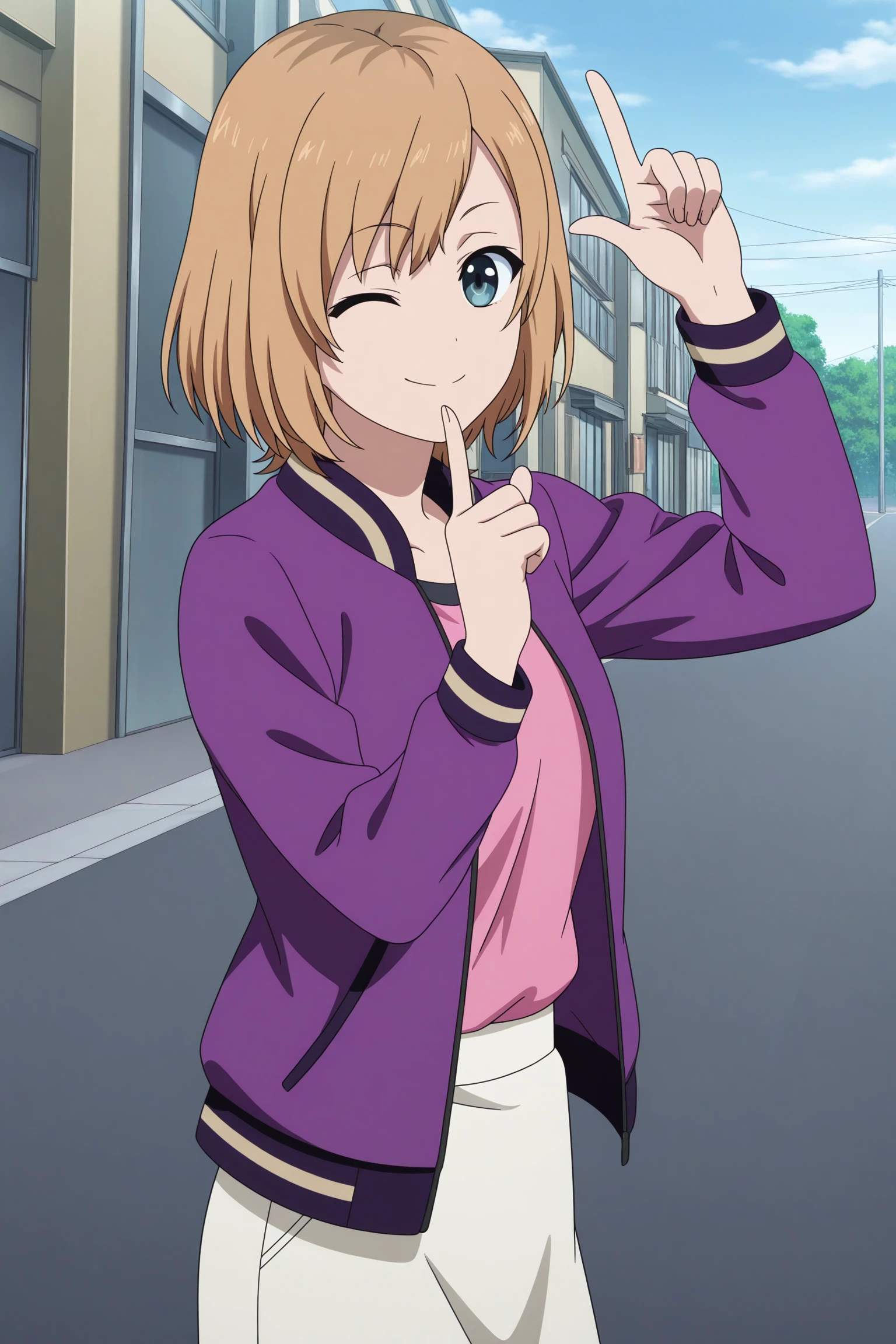 masterpiece, best quality, amazing quality, highres, absurdres, very aesthetic, high resolution, ultra detailed, perfect details, 1girl, solo, outdoors, street, day, miyamori aoi, medium hair, brown hair, swept bangs, blue eyes, long sleeves, purple jacket, pink shirt, black socks, ankle socks, white skirt, pink footwear, sneakers, high tops, <lora:Aoi_Miyamori_ILXL:0.8>, (aged up:1.2), (cowboy shot), smile, looking at viewer, (anime screencap:1.2), (anime coloring:1.2), (pose:1.2), wink, index finger raised, from side