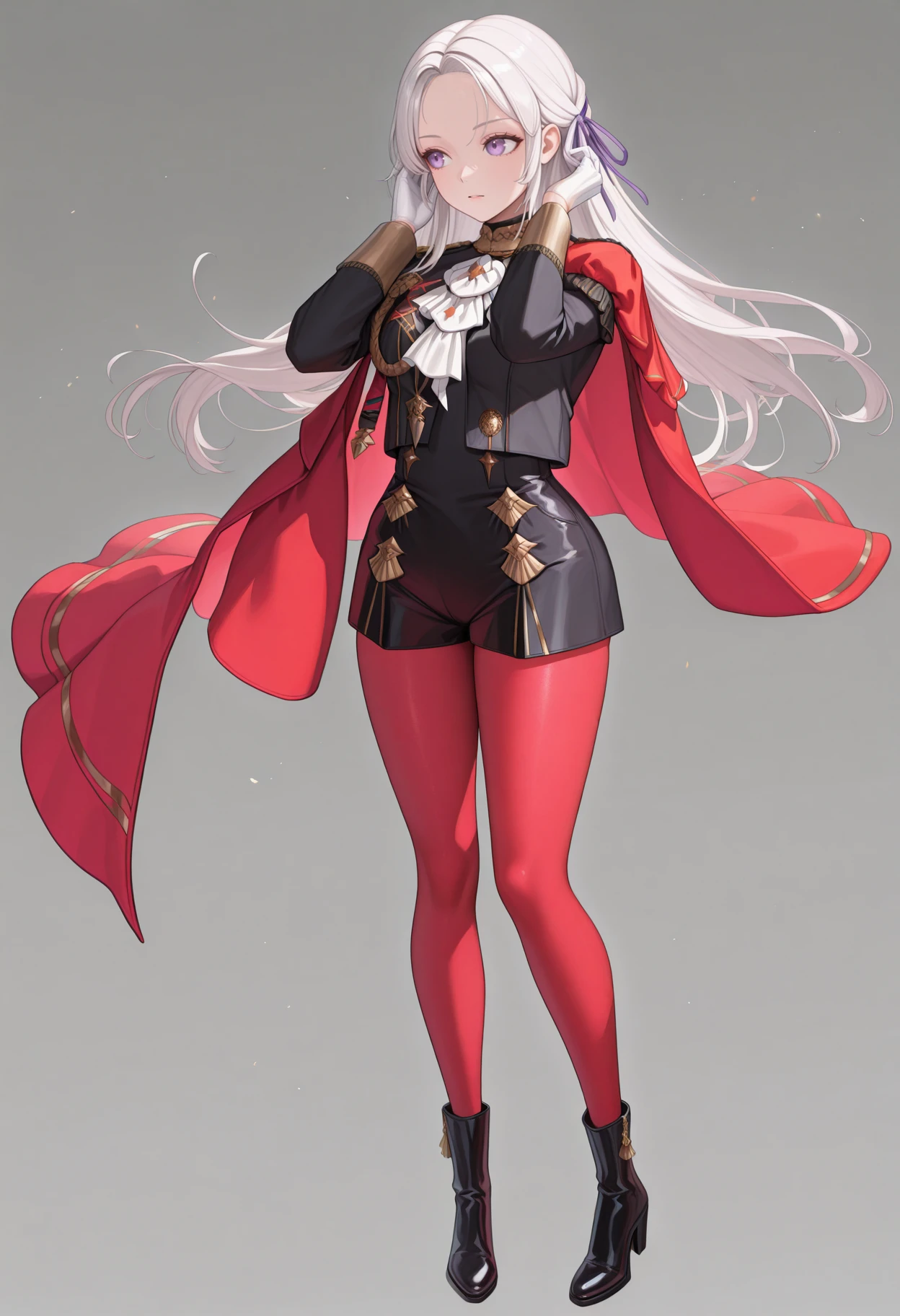 masterpiece, best quality, absurdres, highres, newest, 1girl, solo, <lora:nikke-style-poses-richy-v1_ixl:1> nikkestanding, full body, standing, <lora:feedelgard-illu-nvwls-v1:1> dfltedel, long hair, half updo, white hair, sidelocks, purple eyes, hair ribbon, purple ribbon, red cape, side cape, black jacket, white ascot, black shorts, high-waist shorts, red pantyhose, white gloves, black boots, adjusting hair,