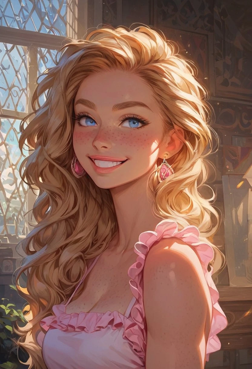 score_9, score_8_up, score_7_up, masterpiece, best quality, highly detailed, (masterpiece, best quality, highly detailed), very detailed face, hyperrealistic, (UHD quality details), (photorealism:1.0), blonde hair, short wavy hair, Tomboy, blue eyes, soft smile, very detailed, 18 year old, athletic body, bubble butt, (medium breasts), ((((medium athletic thighs, long legs))) ,skin pores, realistic skin, highly detailed skin, beautiful face, blue eyes, perfect eyes, perfect mouth, perfect teeth, freckles on body, freckles on face, blonde hair, dangling earrings, ankle bracelet on one ankle, natural lips, no lipstick, wearing a pink spaghetti strap mini dress, (((closeup, portrait, solo, beautiful smile, headshot))),