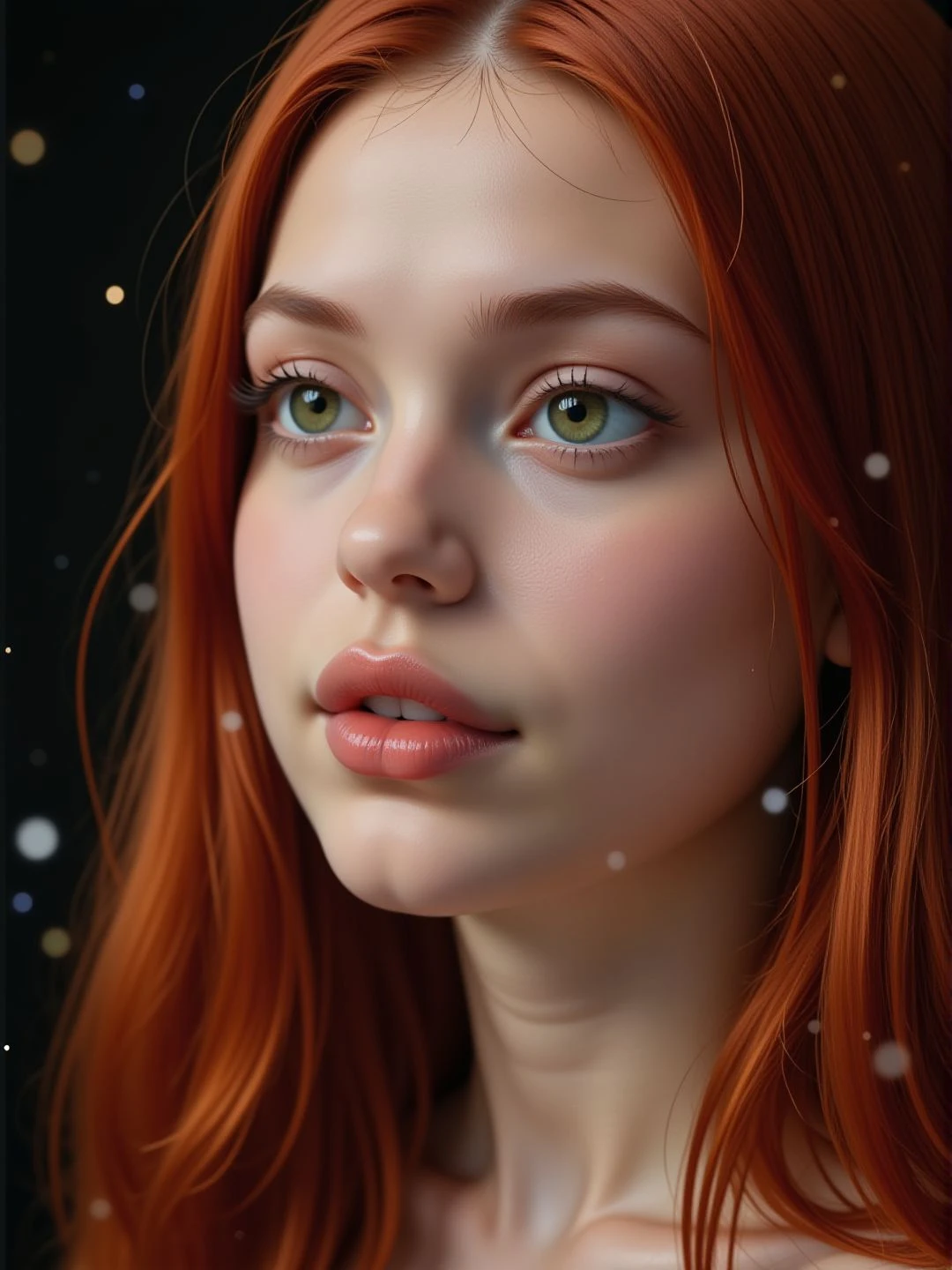Sharp image, 4K, close up shot of a young woman face. There is a black wall behind her and magical floating particles. Eyeliner. Looking away, wide open eyes,, <lora:Woomy_6_Flux:1.2> green eyes, full lips, redhaired, long hair,