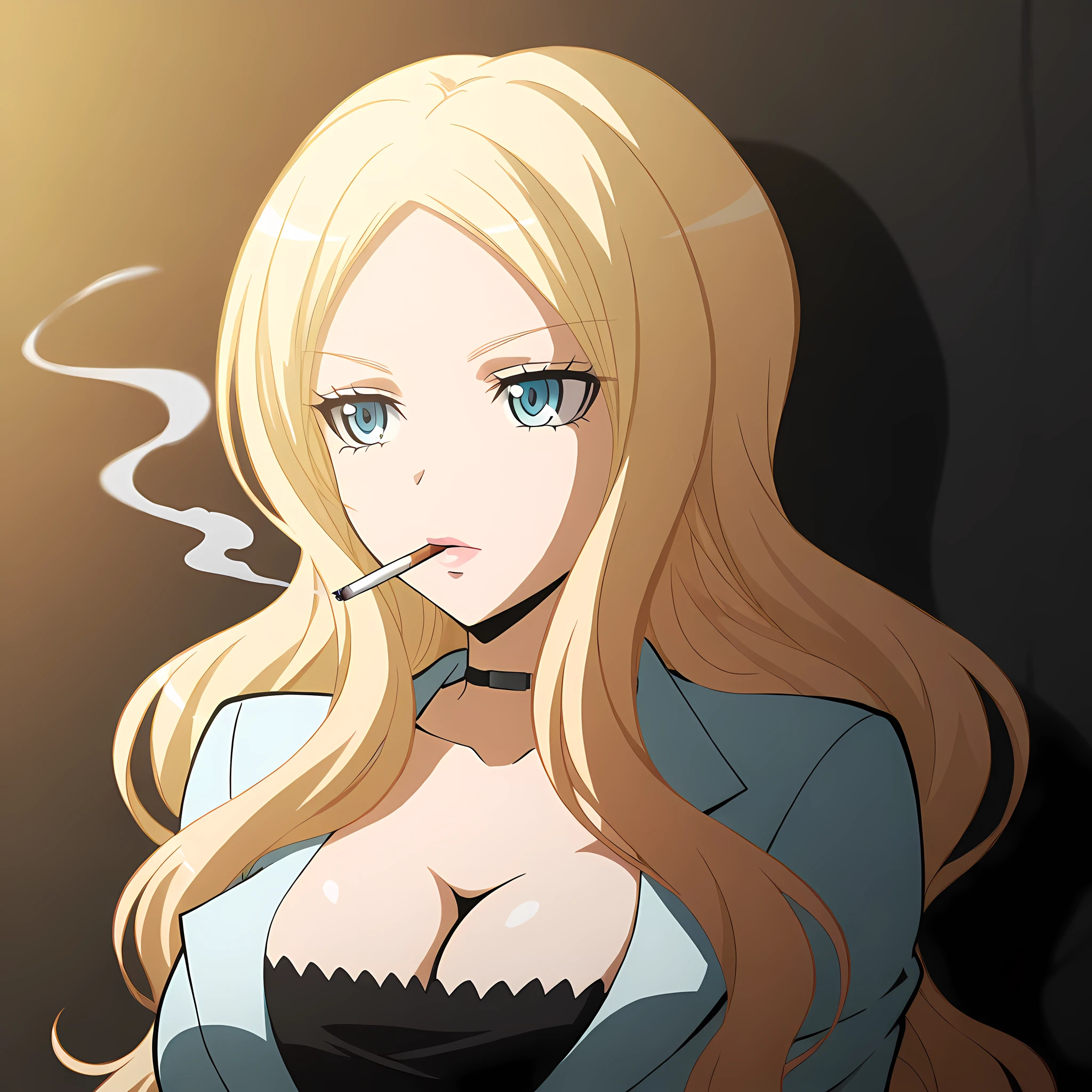irina_jelavitch-aniver, 1girl, solo, cleavage, long hair, blonde hair, cigarette, choker, smoking, anime coloring, large breasts, blue eyes, upper body <lora:IrinaJelavitch-AnsatsuKyoushitsu-ILXL:1>, (masterpiece),(best quality),(ultra-detailed),(best illustration),(best shadow),(absurdres),(detailed background),(very aesthetic),