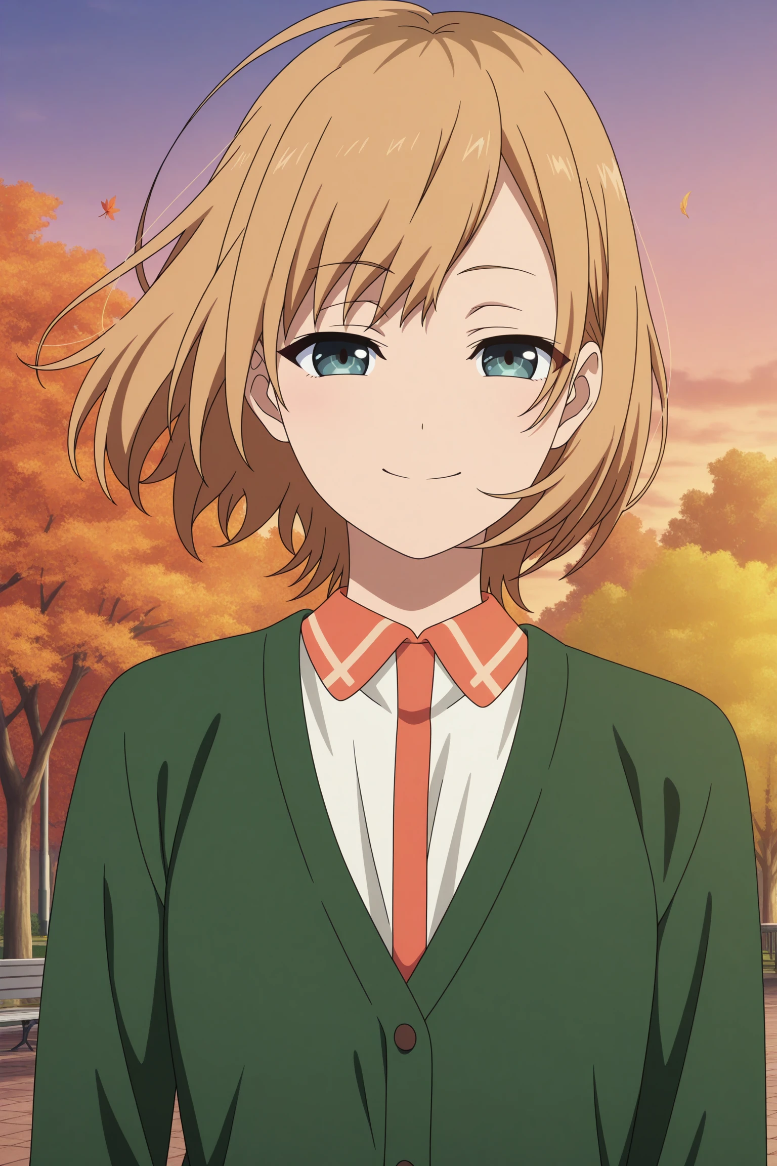 masterpiece, best quality, amazing quality, highres, absurdres, very aesthetic, high resolution, ultra detailed, perfect details, 1girl, solo, outdoors, park, autumn leaves, sunset, miyamori aoi, medium hair, brown hair, swept bangs, blue eyes, long sleeves, green cardigan, white shirt, collared shirt, brown pants, capri pants, black socks, brown footwear, loafers, <lora:Aoi_Miyamori_ILXL:0.8>, (aged up:1.2), (upper body), smile, looking at viewer, (anime screencap:1.2), (anime coloring:1.2), (pose:1.2), half closed eyes, floating hair