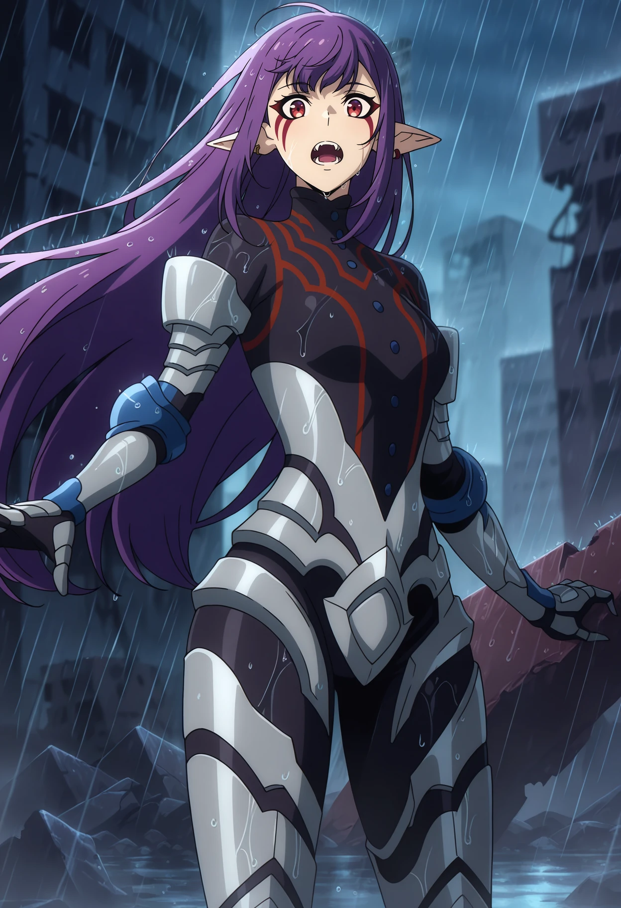 anime screencap, masterpiece, best quality,
<lora:SoloLeveling_EsilRadiru_IlluXL:0.9>,
1girl, solo, open mouth, fangs, floating hair,
long hair, purple hair, red eyes, facial mark, pointy ears, earrings,
EsilGreyArmor, black bodysuit, red trim, buttons, grey armor, blue elbow pads, gauntlets, greaves,
wet clothes, wet hair, wet,
standing, looking at viewer, cowboy shot
ruins, steam, dark, strom, rain, raining, blurry background