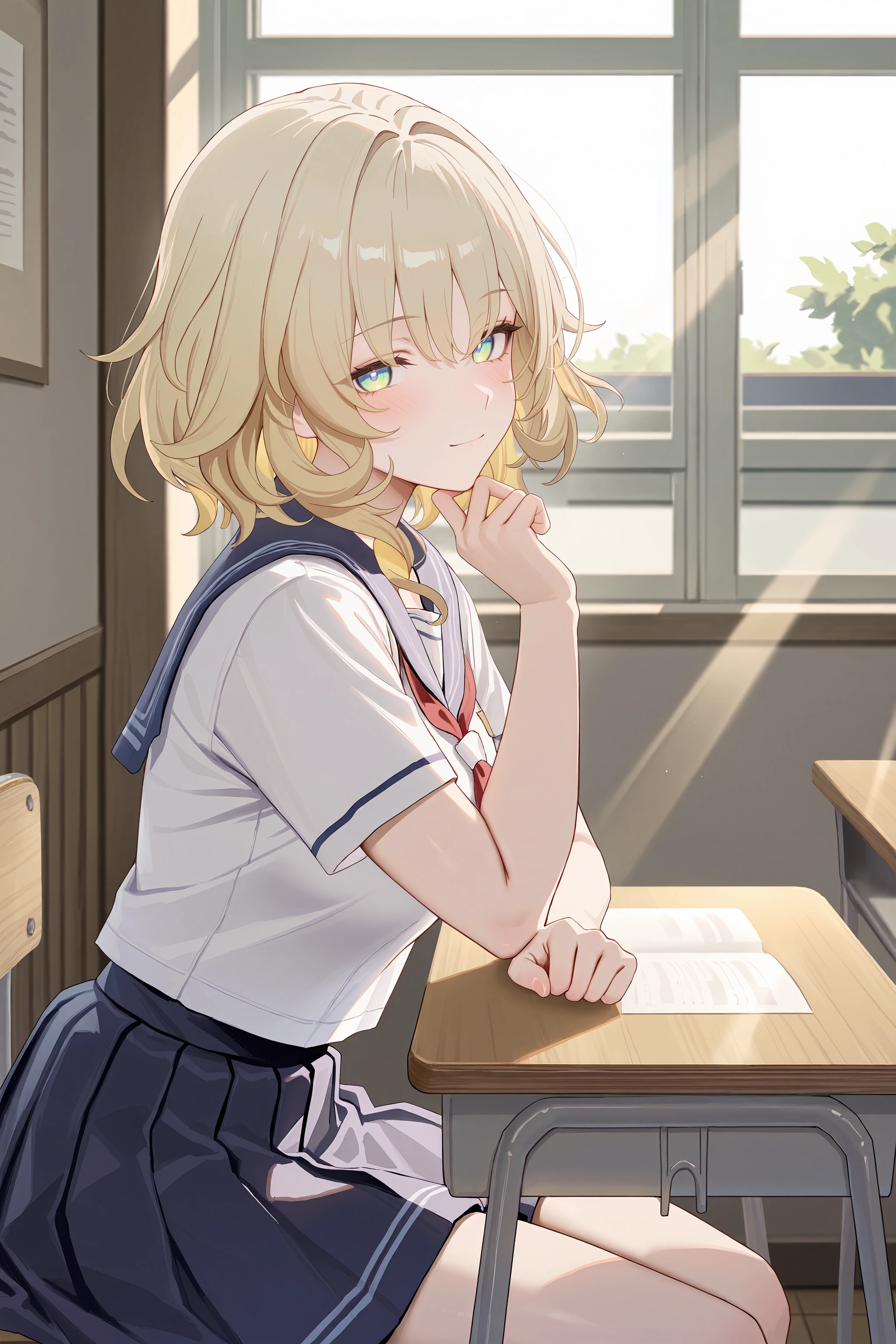 1girl, solo, aglaea \(honkai: star rail\), solo, school uniform, serafuku, sitting, school desk, school chair, hand on own chin, from side, looking at viewer, light smile, blush, window, floating hair, sunbeam, depth of field <lora:Char-HonkaiSR-Aglaea-V1-IL:0.9:hr=0.6>, mimoza \(96mimo414\), rei \(sanbonzakura\), mochi \(circle rin\), (rhasta, yonchan, watao, minaba hideo:0.95)
masterpiece, best quality, amazing quality, very aesthetic, absurdres, newest, (scenery, volumetric lighting)