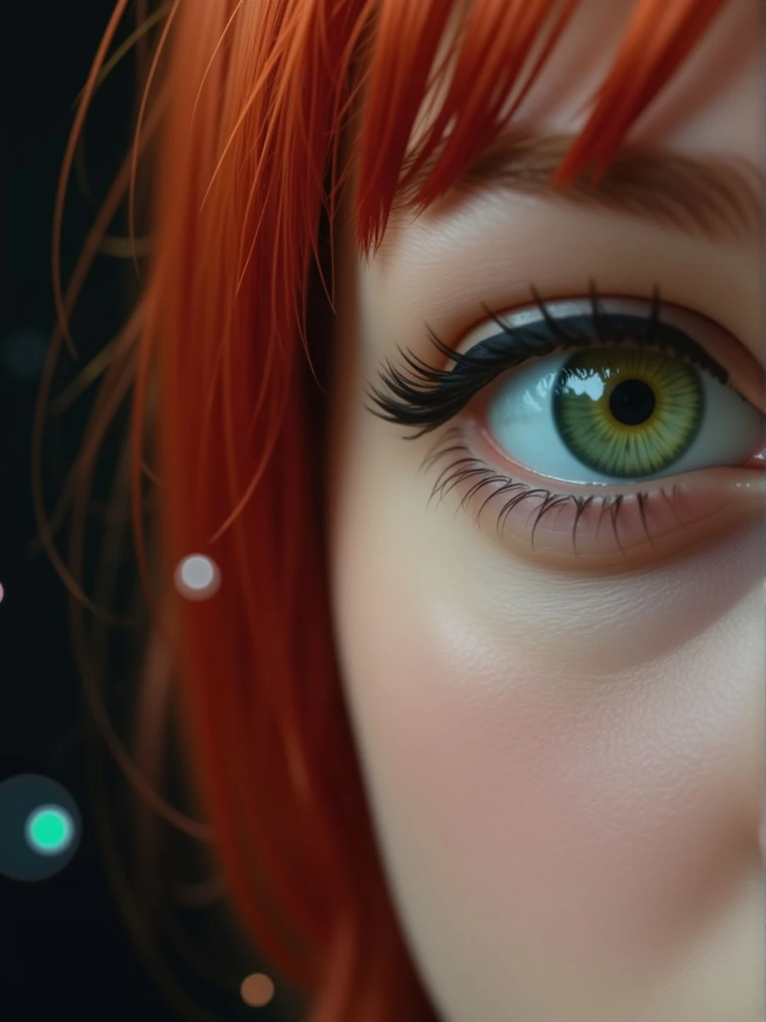 Sharp image, 4K, close shot of a young woman eye. Eyeliner. There is a black wall behind her and magical floating particles., <lora:Woomy_6_Flux:1.2> green eye, redhaired,