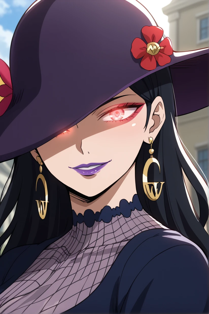 <lora:BNHDeborahGollini:1> BNHDeborahGollini, black hair, long hair, glowing eyes, , crescent earrings, hat flower, jewelry, solo, hat, makeup, lipstick, black hair, purple lips, red eyeshadow, purple headwear, hat ornament, fishnets, sun hat, hat over one eye BREAK constricted pupils, evil smile, staring BREAK outdoors, 8k, masterpiece, absurdes, highly detailed, highres, high quality, best quality, score_9, score_8_up, score_7_up, score_6_up, detailed eyes, detailed hair, detailed skin, looking at viewer, portrait, upper body, close-up, bust, solo, solo focus, depth of field, backlighting, eye reflection, sidelighting, facing viewer, shiny, shiny skin, shiny hair