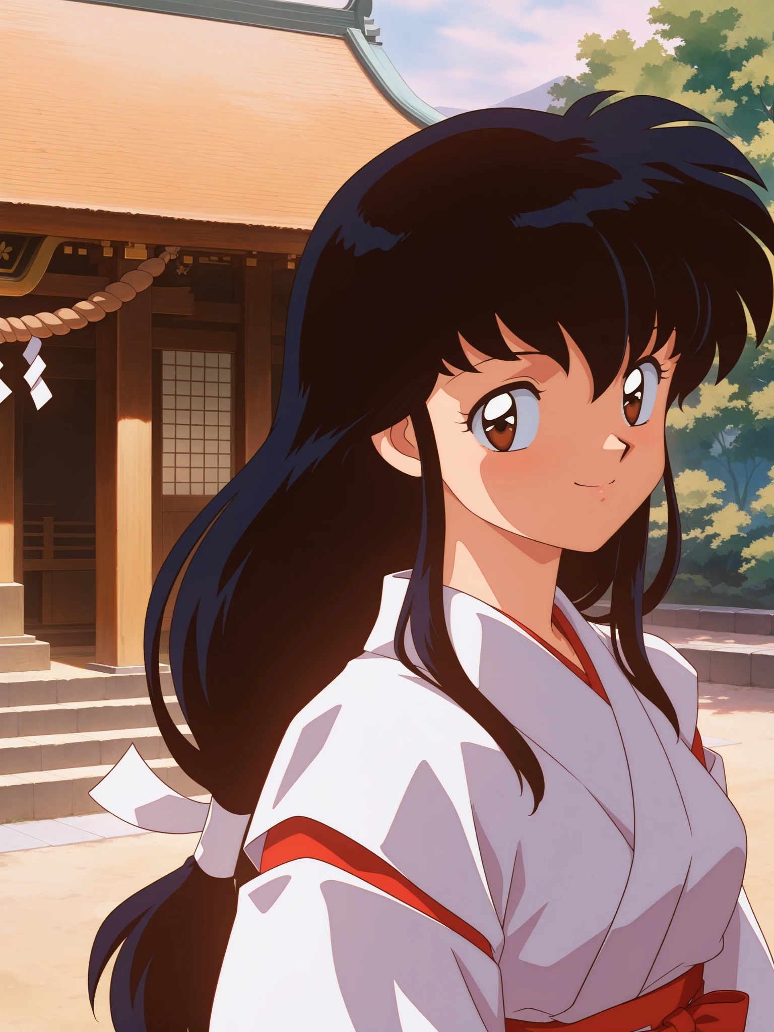 masterpiece, best quality, amazing quality, very aesthetic, absurdres,score_9, score_8_up,sharp focus,, ,anime coloring, anime screenshot,,simple background, upper body, retro artstyle, outdoors, shrine, kagomeillustrious, hair ribbon , smile, 1girl, solo, long hair, black hair, japanese clothes looking at viewer, miko, <lora:kagomeIllustrious:1>