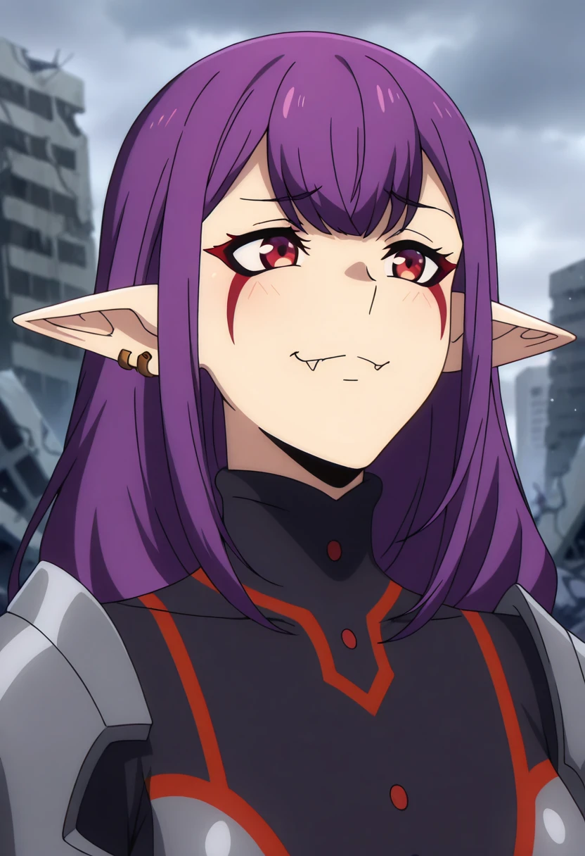 anime screencap, masterpiece, best quality,
<lora:SoloLeveling_EsilRadiru_IlluXL:0.9>,
1girl, solo, smug, smile, fang out,
single braid, long hair, purple hair, red eyes, facial mark, pointy ears, earrings,
EsilGreyArmor, black bodysuit, red trim, buttons, grey armor,
portrait, looking at another,
overcast, grey sky, ruins, blurry background