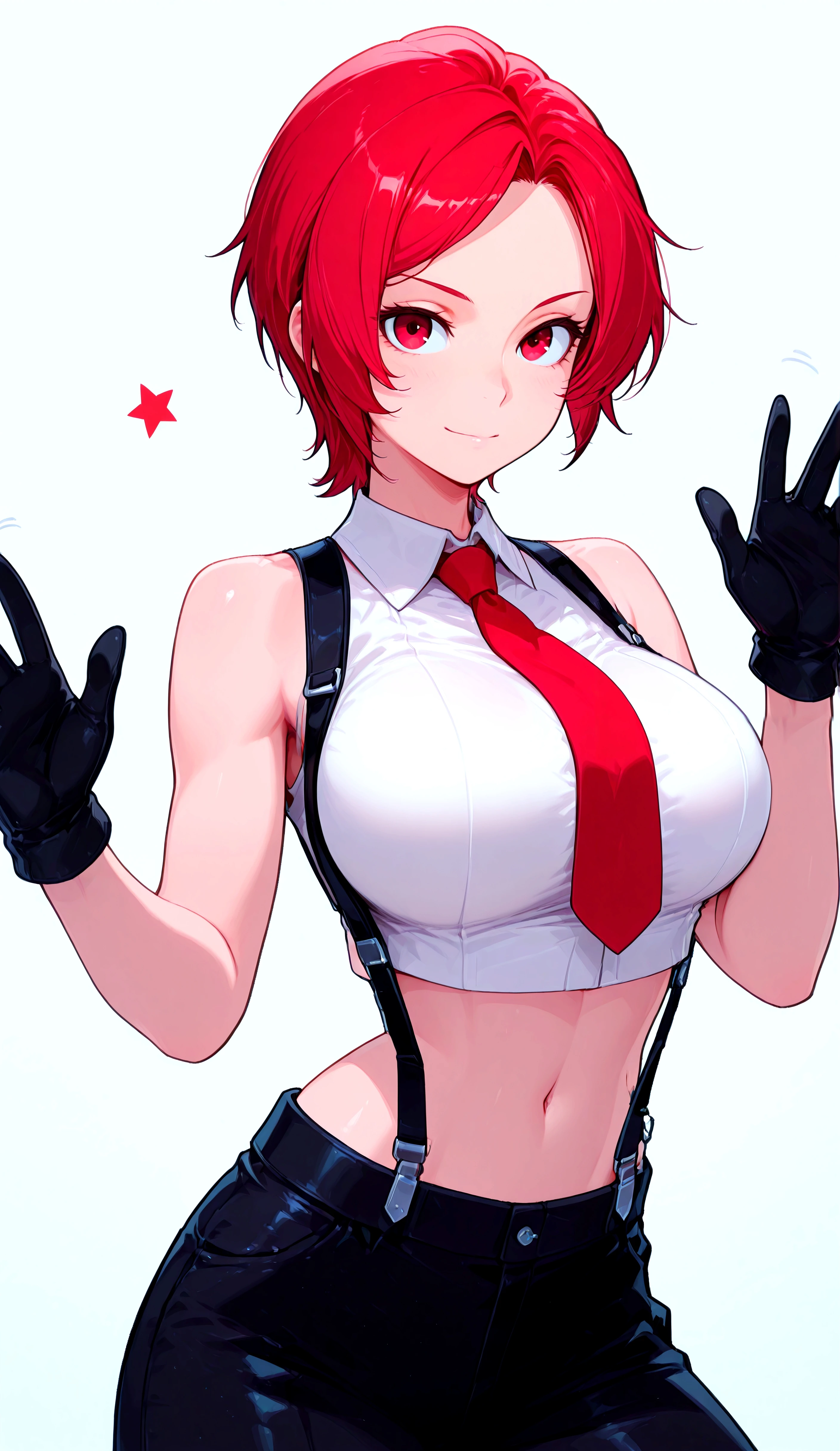 VanessaKoF, short_hair, red_eyes, black_gloves, red_necktie, bare_shoulders, navel, sleveless, midriff, pants, suspenders, cropped_top, white_shirt, simple background, Cowboy shot, waving hello