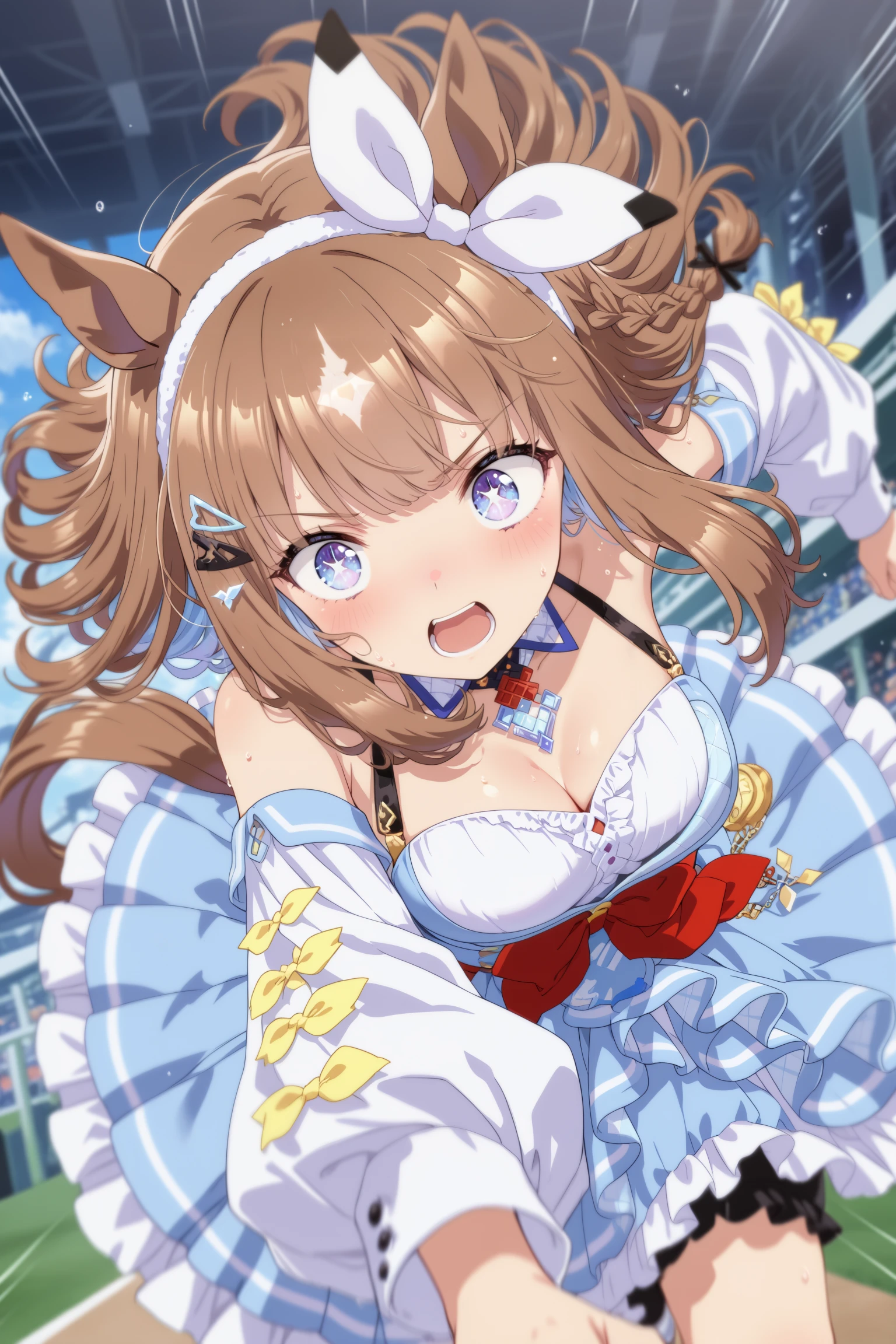 1girl, almond eye (umamusume), umamusume,horse girl, animal ears, horse ears, medium breasts, horse tail,
blue eyes, +_+, sparkling eyes,
brown hair, blue hair, long hair, side braid, hairclip, diamond hair ornament, colored inner hair,
blue dress, detached sleeves, frills, bare shoulders, bow, headband, hairband, layered skirt,
ribbon ,necklace, jewelry,
horse racing track,dynamic angle ,serious, open mouth, fighting, running, run, sweat, battle ,speed lines, blurry, close-up,motion lines, motion blur,
from below, fisheye lens, looking away, surprised,
(masterpiece, best quality, newest, highres), (anime coloring:1.3), (anime screenshot:0.5), <lora:almondeye_Illust_v1:0.8>