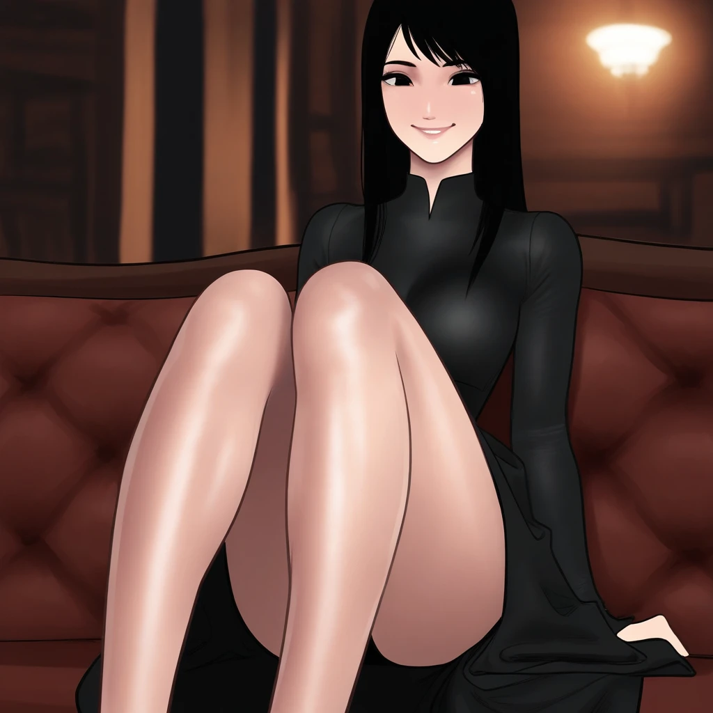 (masterpiece:1.5), (best quality:1.5), (amazing quality:1.4), good lighting, cinematic lighting, warm atmosphere, 1girl, solo, sfw, safe for work, black hair, black eyes, smiling, silky long hair, , confident smile, sitting gracefully on a plush couch, black hair flowing naturally, subtle curves, smiling, dress, sfw, safe for work, long dress, legs and thighs covered, knees up, feet down, sitting, HSPunch