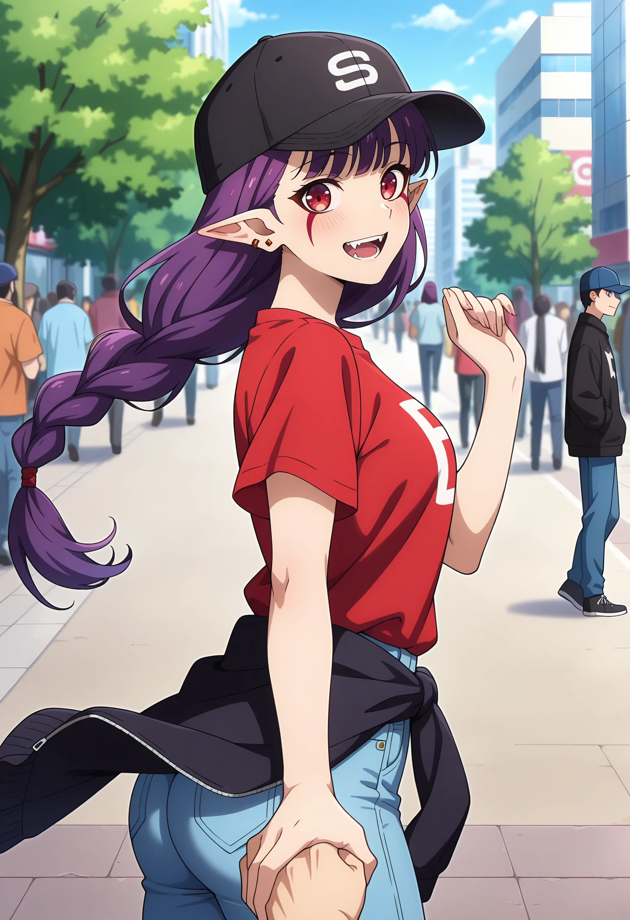 anime screencap, masterpiece, best quality,
<lora:SoloLeveling_EsilRadiru_IlluXL:0.9>,
1girl, solo, open mouth, smile, teeth, fangs, blush, floating hair,
single braid, long hair, purple hair, red eyes, facial mark, pointy ears, earrings,
baseball cap, black headwear, print shirt, red shirt, black jacket, jacket around waist, blue jeans, ass,
holding hands, from side, looking back, pov hands,
standing, looking at viewer, cowboy shot,
outdoors, city, tree, street, people, blurry background