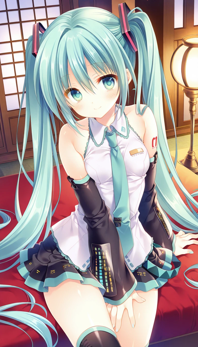 (masterpiece),best quality,amazing quality,very aesthetic,absurdres,newest,perfect body,shiny skin,perfect eyes,detail1eye,well-defined fingers,well-defined fingernails,anime style,indoors,1girl,solo,(portrait:1.5),looking at viewer,facing viewer,smile,blush,Tatekawa Mako style,hatsune miku,absurdly long hair,aqua hair,twintails,hair ornament,sidelocks,hair between eyes,parted bangs,aqua eyes,white shirt,collared shirt,bare shoulders,sleeveless shirt,aqua necktie,detached sleeves,black sleeves,shoulder tattoo,fringe,black thighhighs,miniskirt,pleated skirt,zettai ryouiki,thigh boots,<lora:Hatsune Miku(voc)-Illus-Remake:1.6>,<lora:Tatekawa Mako[style]-Illus>,