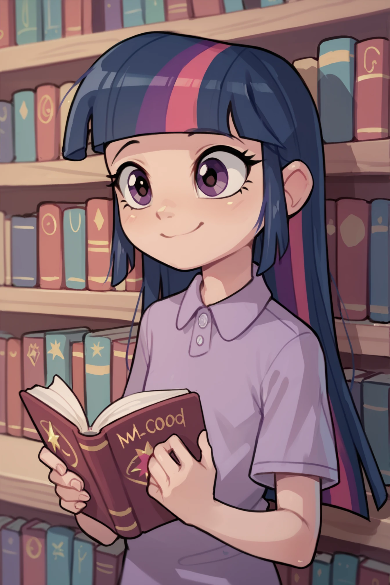 zPDXL3, masterpiece, high quality, yepmelon, score_9, score_8_up, smile, (((cute))), ((young)), solo, 1girl, Twilight Sparkle, purple hair, library, petite, good hands, (good anatomy), (reading book), , <lora:Pony_QualityV4.0:1>,<lora:Yep_Melon_Style-000014:1>