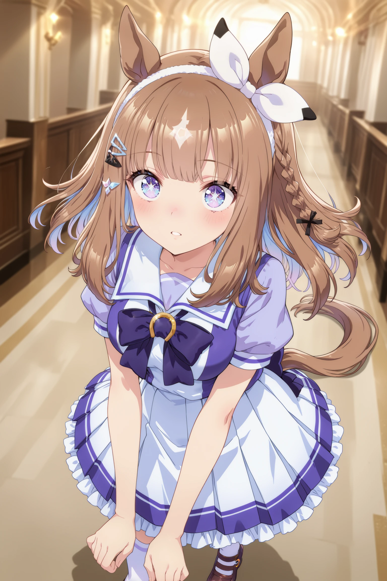 1girl, almond eye (umamusume), umamusume,horse girl, animal ears, horse ears, medium breasts, horse tail,
blue eyes, +_+, sparkling eyes,
brown hair, blue hair, long hair, side braid, hairclip, diamond hair ornament, colored inner hair,
tracen school uniform, short sleeves,
dutch angle, full body, looking at viewer, disdain, in palace, parted lips,
(masterpiece, best quality, newest, highres), (anime coloring:1.3), (anime screenshot:0.5), <lora:almondeye_Illust_v1:0.8>