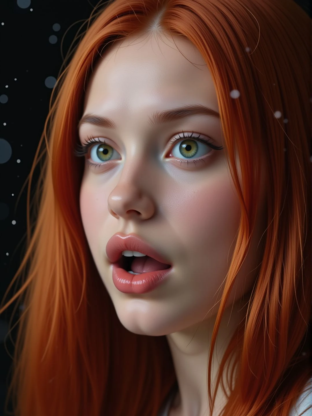 Sharp image, 4K, close-up young woman face. Surprised, wide open mouth. Eyeliner. There is a black wall behind her and magical floating particles. semi side view., <lora:Woomy_6_Flux:1.2> green eyes, full lips, redhaired, long hair,