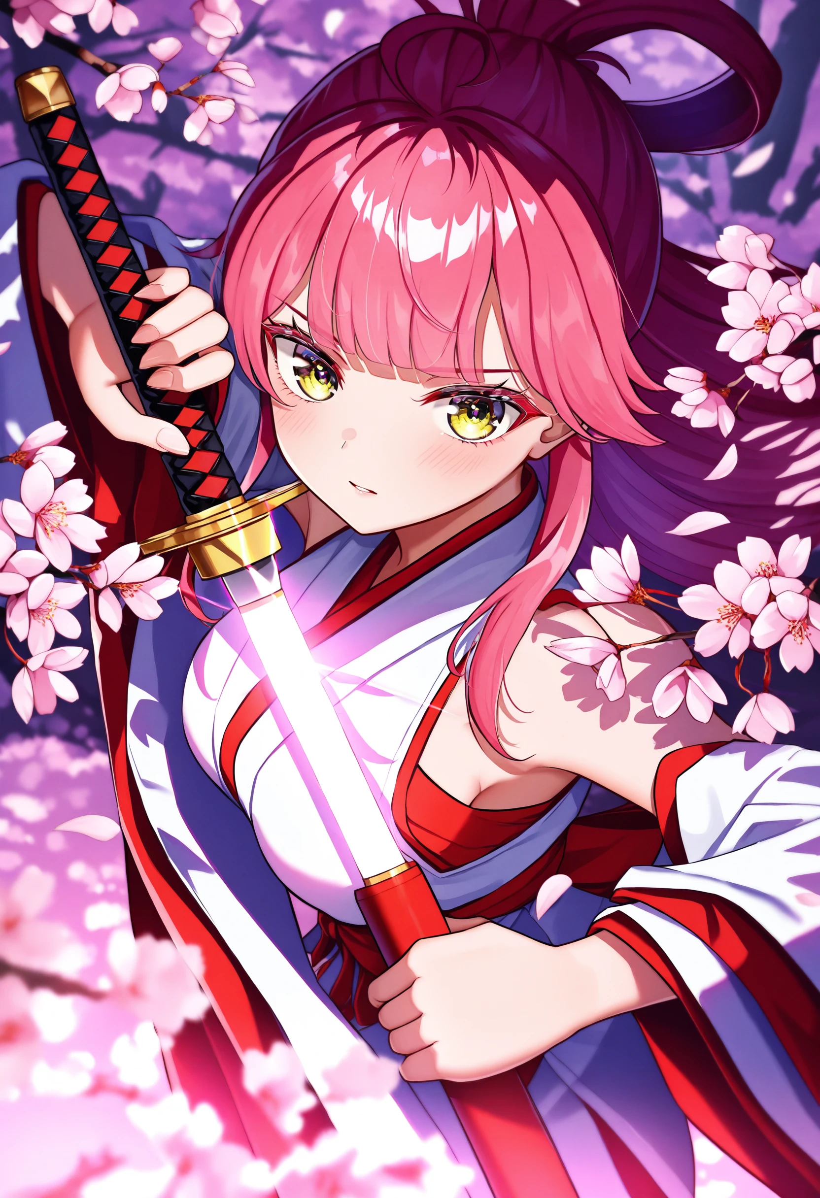 Anime girl with pink hair holding a sword in front of a cherry tree ...