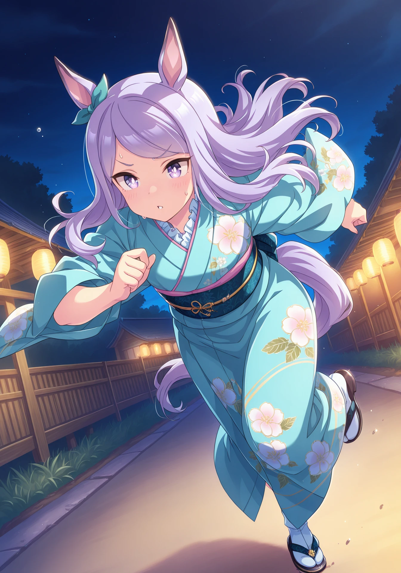 umaofficial,umachar,shobufuku,1girl,horse girl,mejiro mcqueen \(umamusume\),
dynamic pose,running,night,sweatdrop,aqua dress,japanese clothes,kimono,zouri,
masterpiece,best quality,highres,amazing quality,<lora:UmaOfficialILV1.0:0.8>,