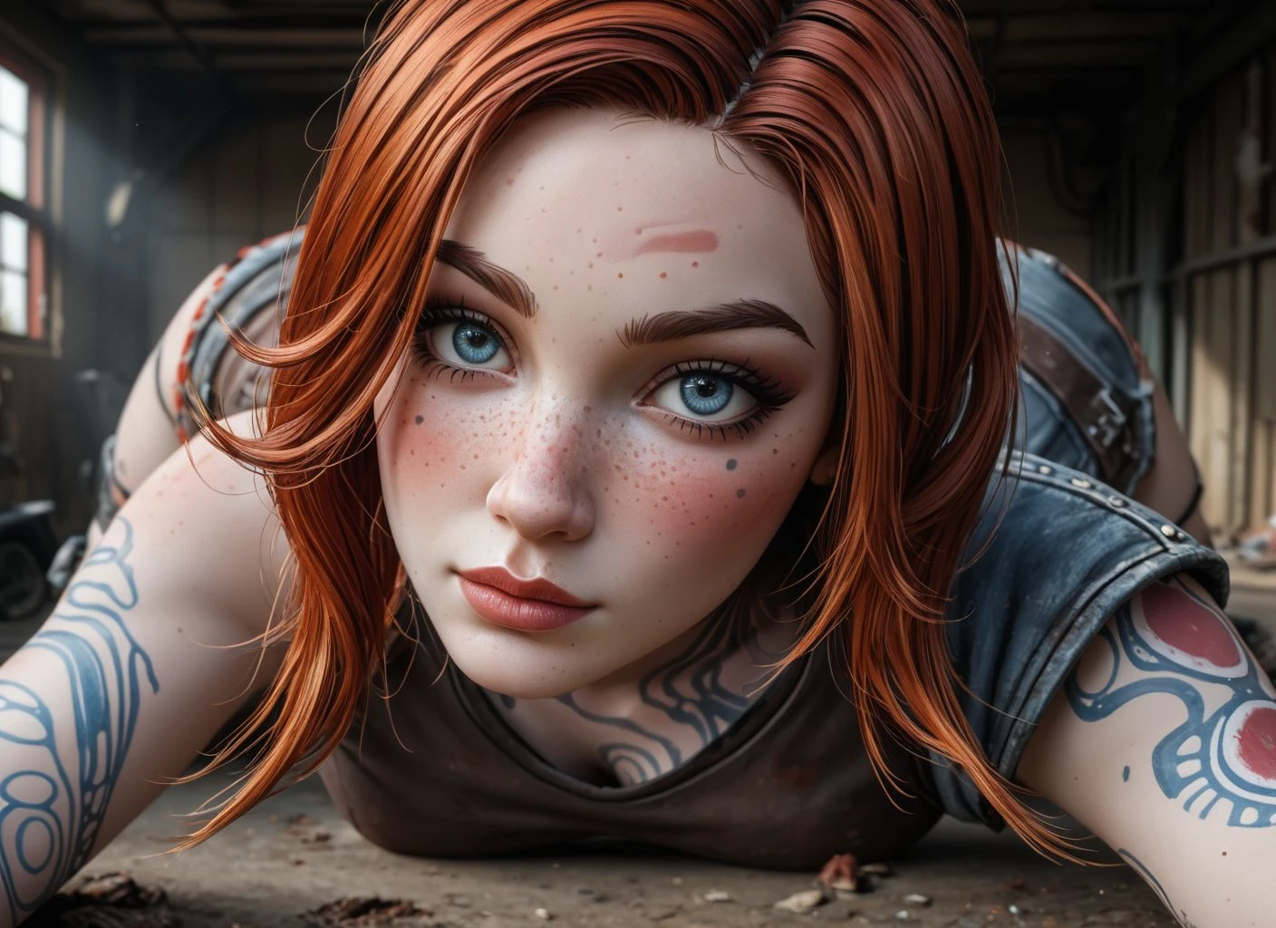 (Borderlands art-style, black accent lines on (face, body, clothing)), abandoned garage
(1girl, beautiful, 22yo, redhead, supermodel, perfect beautiful face, slender, slight-sag heavy large perky full breasts, puffy areolas, extremely-pale skin, (many face-freckles, max body-freckles), light-blue eyes, swollen very-puffy innie pussy), (Borderlands character, grunge urban-combat clothing), prone, side-front view, looking at viewer, close-up
8k detailed, cinematic, dramatic lighting