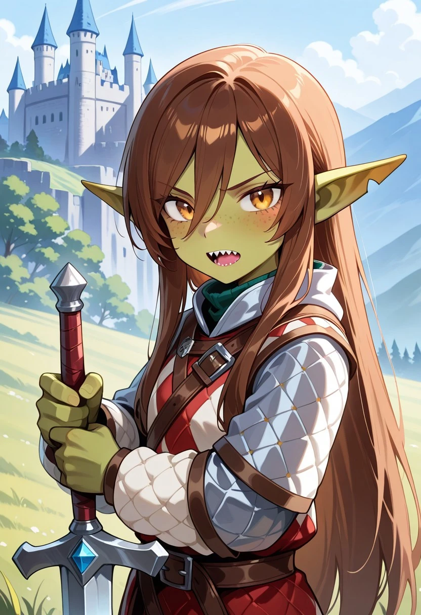 masterpiece, best quality, absurdres, anime screenshot, 1girl, solo, female focus, Carol_CTO, freckles, green skin, goblin, pointy ears, notched ears, brown hair, asymmetrical bangs, long bangs, bangs between eyes, sidelocks, very long hair, hair down, fantasy, gambeson, sword, holding sword, shortsword, outdoors, castle, upper body, looking at viewer, open mouth, slasher smile, sharp teeth