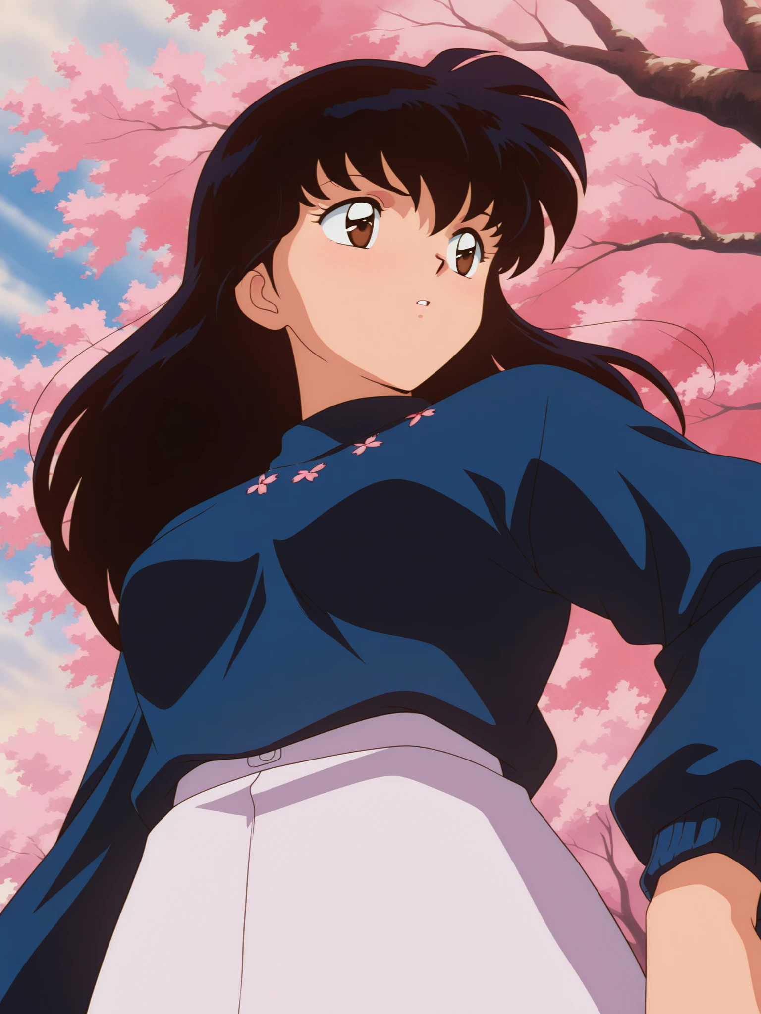 masterpiece, best quality, amazing quality, very aesthetic, absurdres,score_9, score_8_up,sharp focus,, ,anime coloring, anime screenshot,,simple background, from below, retro artstyle, cherry blossoms,, kagomeillustrious, 1girl, solo, long hair, black hair, brown eyes, blue sweater, upper body, <lora:kagomeIllustrious:1>