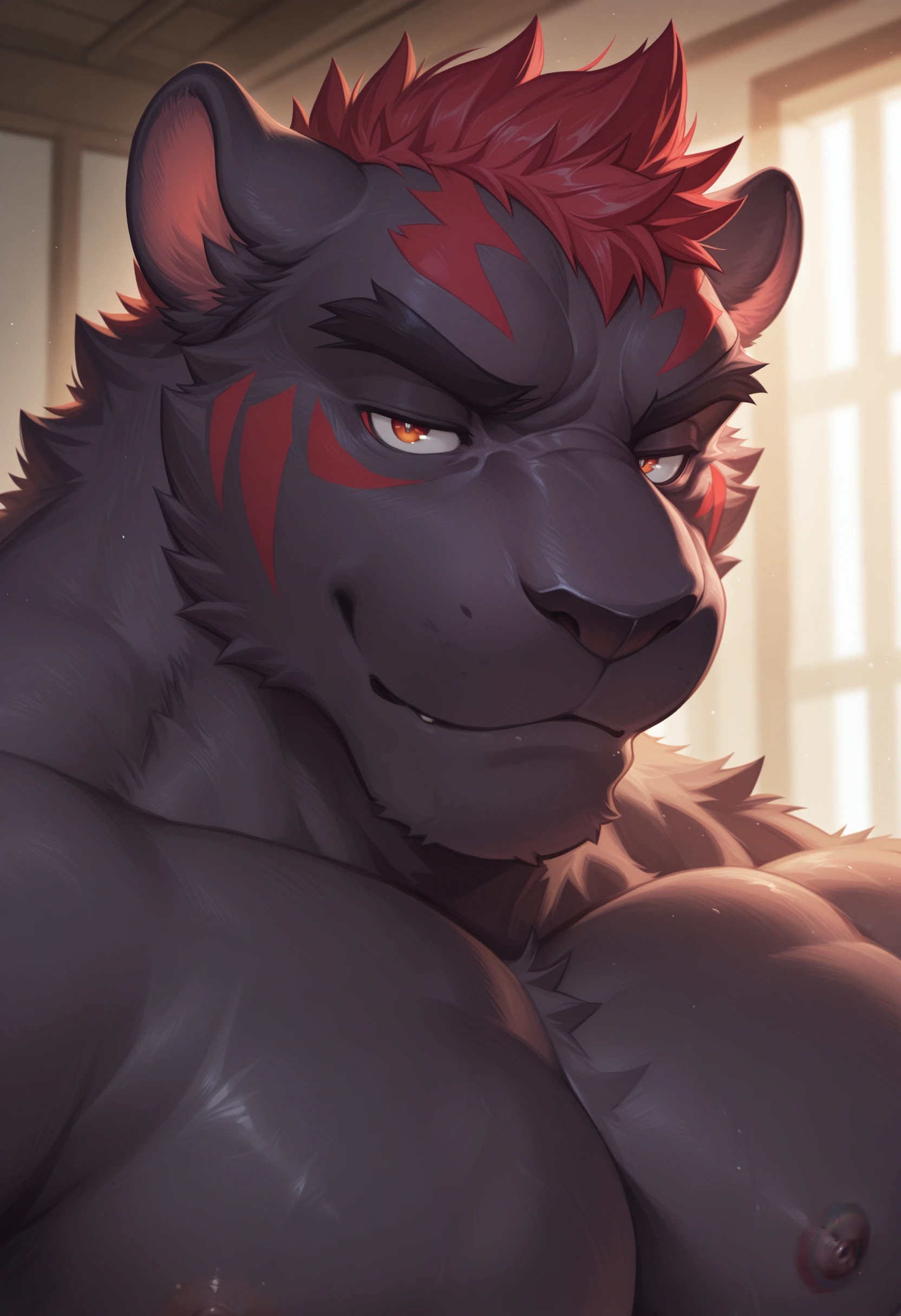 (masterpiece,Highest quality,Very detailed,Perfect Anatomy),kemono,Sharp focus, From null-ghost,alone,Humanity,Muscular,pokemon,Incineroar,Beautiful eyes,naked,morning,Wash your face in the sink,Waking up,There is a beautiful vase,Feeling overlaid