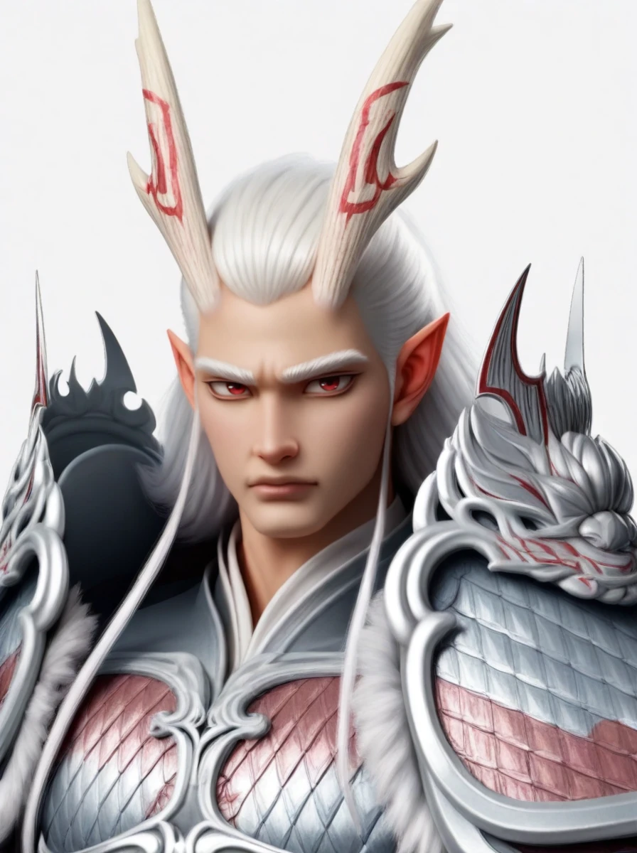 3d,male focus,handsome,1man,red eyes,long white hair,sidelocks,thick eyebrows,horns,pointy ears,white skin,simple background,white background,<lora:aoguang-05:1>,upper body,from front,looking at viewer,