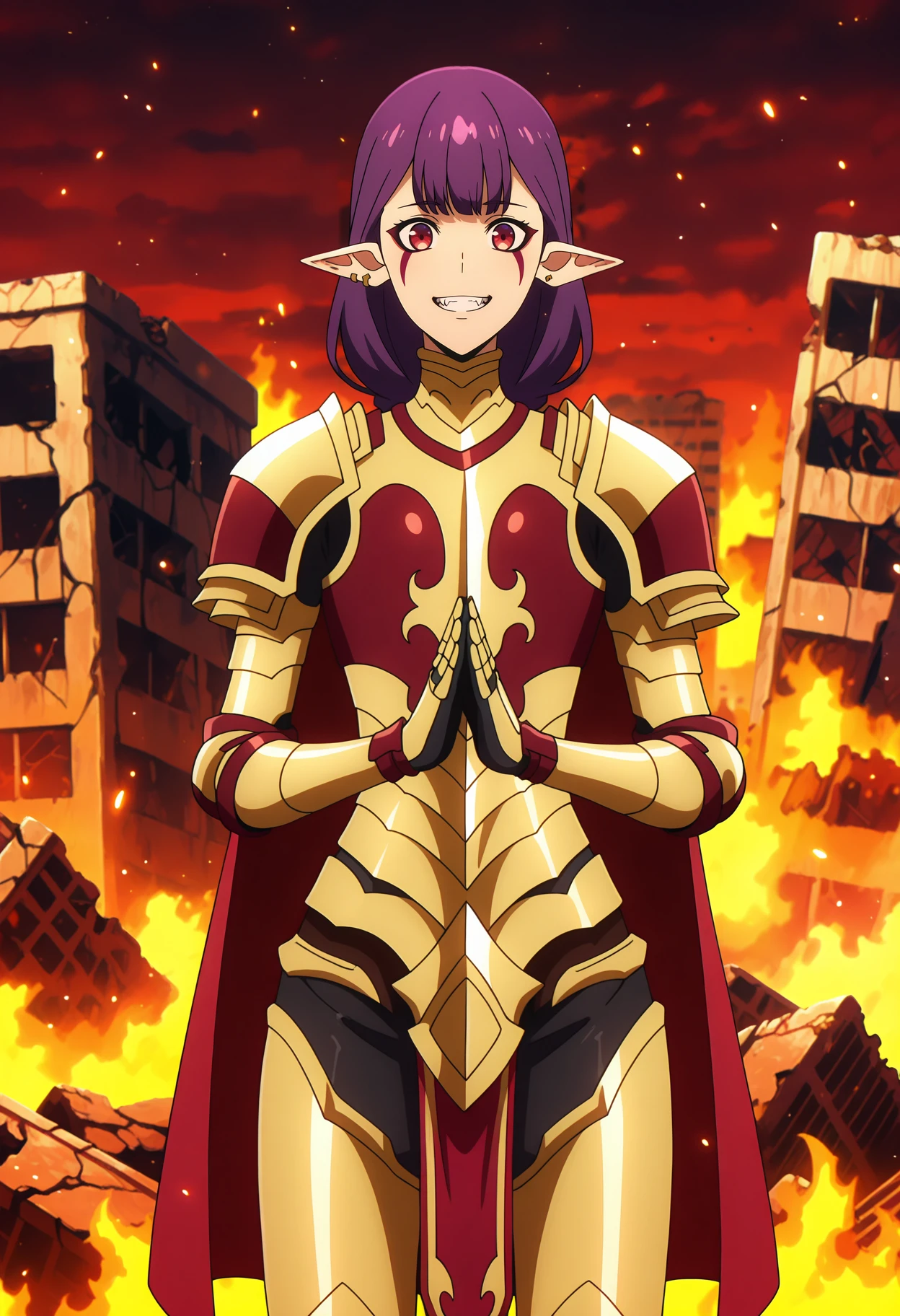 anime screencap, masterpiece, best quality,
<lora:SoloLeveling_EsilRadiru_IlluXL:0.9>,
1girl, solo, smile, clenched teeth, fangs,
single braid, long hair, purple hair, red eyes, facial mark, pointy ears, earrings,
gold armor, red armor, red cape, pauldrons, breastplate, gauntlets, pelvic curtain, greaves,
upper body, own hands together, standing, looking at viewer, cowboy shot,
red sky, ruins, fire, embers, blurry background