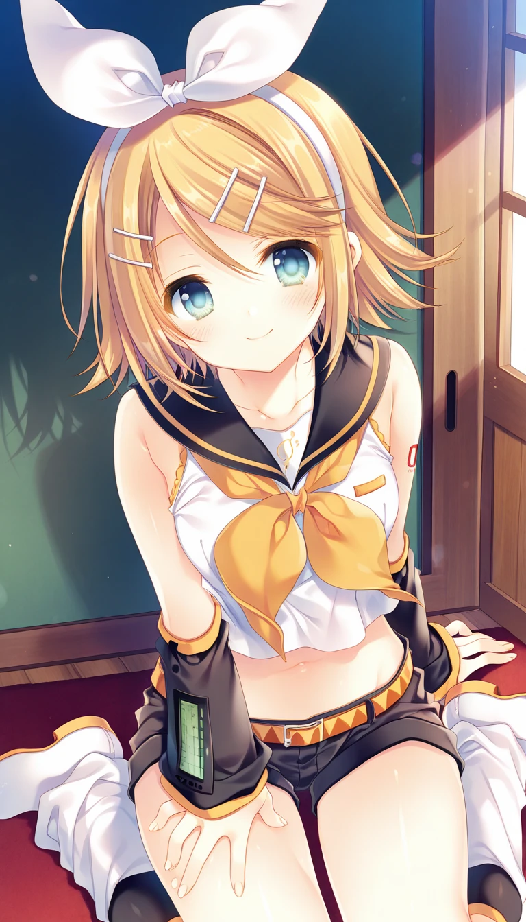 (masterpiece),best quality,amazing quality,very aesthetic,absurdres,newest,perfect body,shiny skin,perfect eyes,detail1eye,well-defined fingers,well-defined fingernails,anime style,indoors,1girl,solo,(portrait:1.5),looking at viewer,facing viewer,smile,blush,Tatekawa Mako style,kagamine rin,short hair,blonde hair,floating hair,white hairband,hair bow,white bow,hairclip,swept bangs,blue eyes,collarbone,bare shoulders,black sailor collar,white shirt,sleeveless shirt,crop top,midriff,yellow neckerchief,black sleeves,detached sleeves,medium breasts,navel,stomach,orange belt,fringe,short shorts,black shorts,leg warmers,white footwear,<lora:Kagamine Rin(voc)-Illus-Remake:1.6>,<lora:Tatekawa Mako[style]-Illus>,