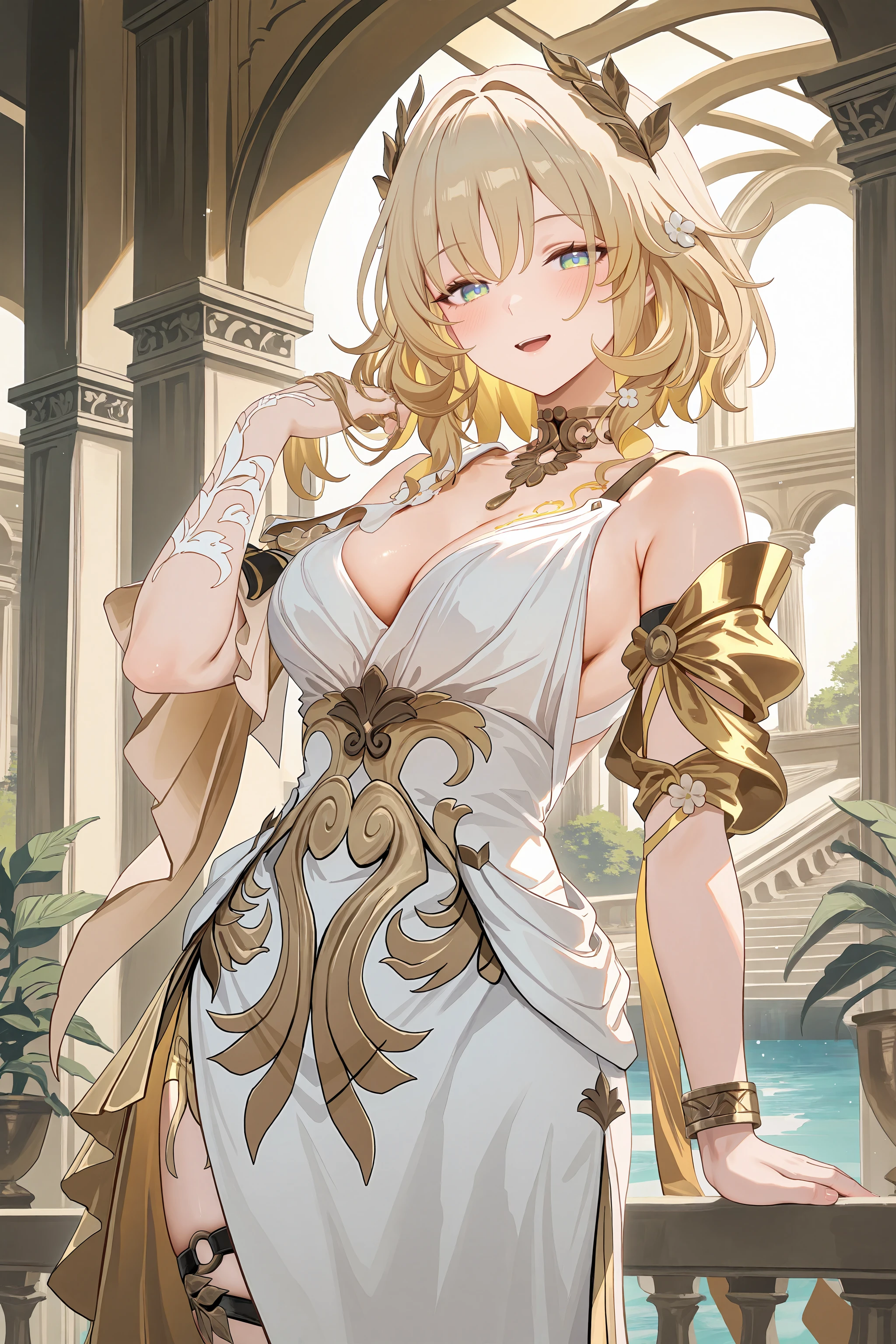 1girl, solo, aglaea \(honkai: star rail\), hair flower, laurel crown, peplos, thigh strap, bracelet, detached sleeves, single lace glove, gold choker, breast tattoo, cowboy shot, looking at viewer, greco-roman architecture, plants, flower, scenery, hand in own hair, floating hair, blush, smile, open mouth, standing <lora:Char-HonkaiSR-Aglaea-V1-IL:0.9:hr=0.6>, mimoza \(96mimo414\), rei \(sanbonzakura\), mochi \(circle rin\), (rhasta, yonchan, watao, minaba hideo:0.95)
masterpiece, best quality, amazing quality, very aesthetic, absurdres, newest, (scenery, volumetric lighting)