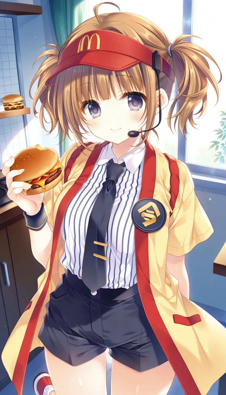 (masterpiece),best quality,amazing quality,very aesthetic,absurdres,newest,perfect body,shiny skin,perfect eyes,detail1eye,well-defined fingers,well-defined fingernails,anime style,indoors,1girl,solo,(portrait:1.5),looking at viewer,facing viewer,smile,blush,Tatekawa Mako style,Double Cheese,ahoge,headset,visor cap,red headwear,long hair,brown hair,short twintails,blunt bangs,black eyes,employee uniform,yellow jacket,open jacket,black necktie,collared shirt,white shirt,vertical-striped shirt,badge,short sleeves,wristband,holding food,hamburger,medium breasts,shirt tucked in,black shorts,short shorts,thighs,white socks,sneakers,<lora:Double Cheese(mcdonald's)-Illus:1.6>,<lora:Tatekawa Mako[style]-Illus>,
