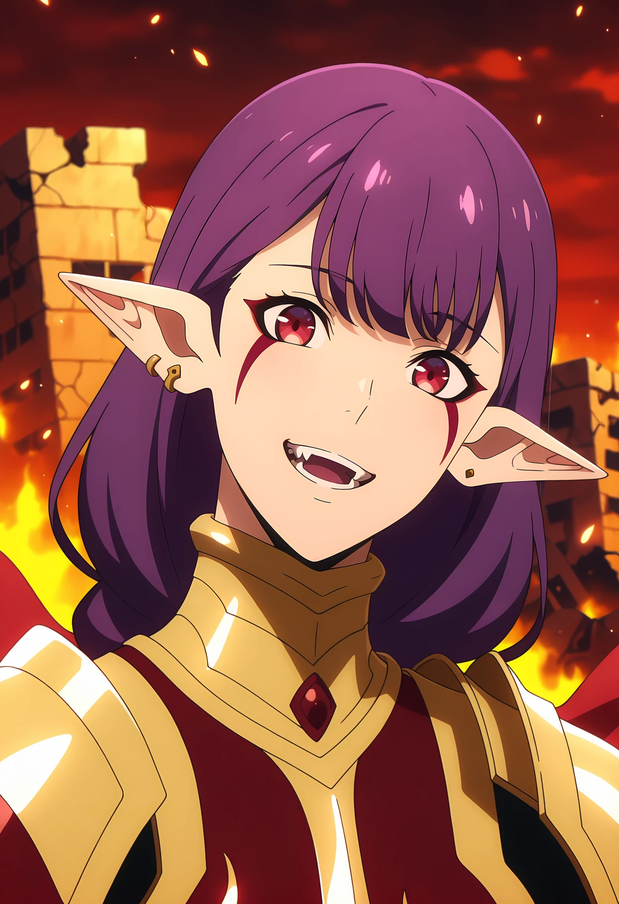 anime screencap, masterpiece, best quality,
<lora:SoloLeveling_EsilRadiru_IlluXL:0.9>,
1girl, solo, open mouth, smile, teeth, fangs, head tilt,
single braid, long hair, purple hair, red eyes, facial mark, pointy ears, earrings,
gold armor, red armor, red cape, pauldrons, breastplate, gauntlets,
portrait, looking at viewer,
red sky, ruins, fire, embers, blurry background