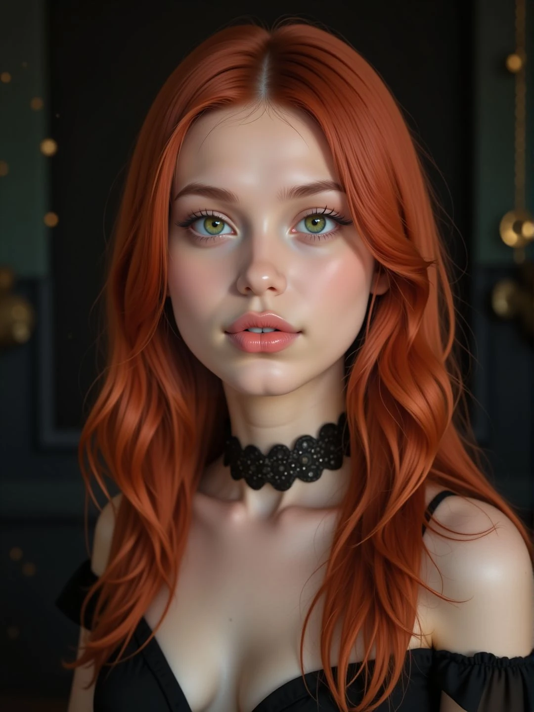Sharp image, 4K, close up portrait of a young elegant woman. She is looking at the viewer and wearing a dress and a choker. Eyeliner. There is a black wall behind her and magical floating particles., <lora:Woomy_6_Flux:1.2> green eyes, full lips, redhaired, long hair,