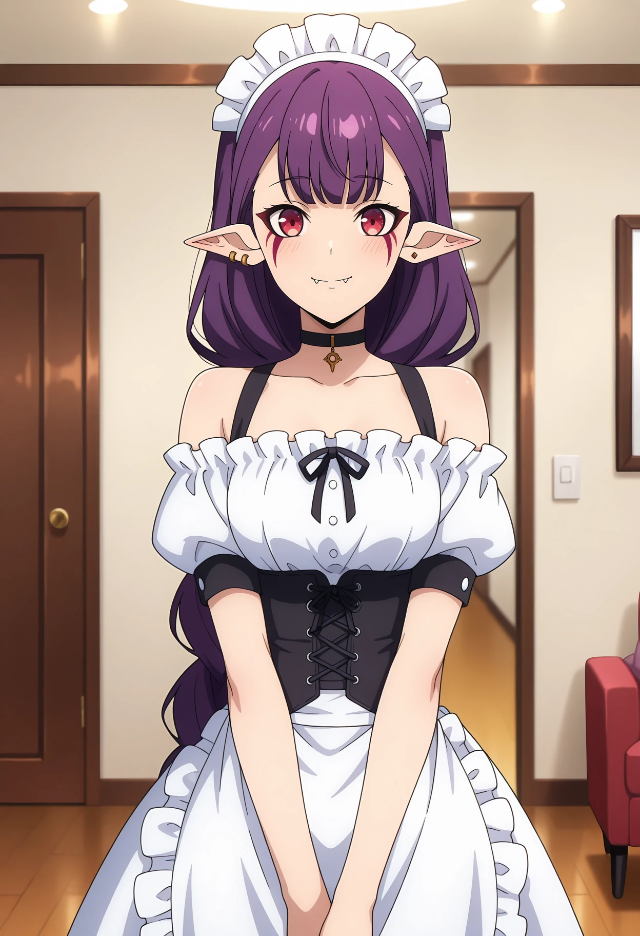 anime screencap, masterpiece, best quality,
<lora:SoloLeveling_EsilRadiru_IlluXL:0.9>,
1girl, solo, closed mouth, smile, fang out, blush,
single braid, long hair, purple hair, red eyes, facial mark, pointy ears, earrings,
maid, maid headdress, black choker, off-shoulder dress, white dress, black corset, puffy short sleeves, waist apron, white apron,
v arms, standing, looking at viewer,
indoors, living room, blurry background