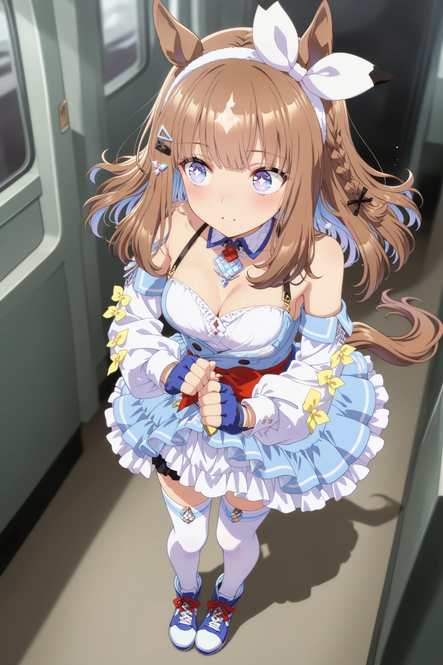 1girl, almond eye (umamusume), umamusume,horse girl, animal ears, horse ears, medium breasts, horse tail,
blue eyes, +_+, sparkling eyes,
brown hair, blue hair, long hair, side braid, hairclip, diamond hair ornament, colored inner hair,
blue dress, detached sleeves, frills, bare shoulders, bow, headband, hairband, layered skirt,
ribbon ,necklace, jewelry, fingerless gloves, blue gloves,
white thighhighs, sneakers, blue footwear, zettai ryouiki,
from above, portrait, looking to the side, pain, in airplanes, parted lips,
(masterpiece, best quality, newest, highres), (anime coloring:1.3), (anime screenshot:0.5), <lora:almondeye_Illust_v1:0.8>