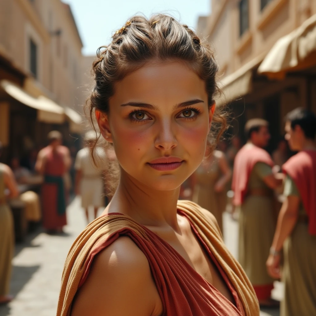 Instagram selfie of a woman during the ancient roman empire standing in the middle of a marketplace in ancient rome with people and merchants all around her. She has a toga on as would be befitting for a madam of the house and has a neutral expression. She has almost no makeup on. Her hair is in an intricate updo and held together by some golden hairpins.,  <lora:Natalie_Portman_Squared_FLUX_v3_merger_31_52_61_02_05_03:1.0>