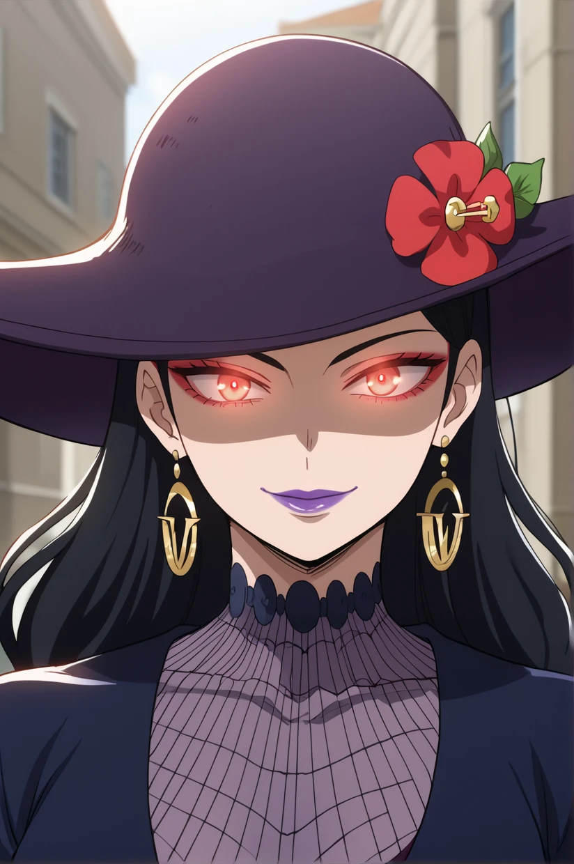 <lora:BNHDeborahGollini:1> BNHDeborahGollini, black hair, long hair, glowing eyes, , crescent earrings, hat flower, jewelry, solo, hat, makeup, lipstick, black hair, purple lips, red eyeshadow, purple headwear, hat ornament, fishnets, sun hat, hat over one eye BREAK constricted pupils, evil smile, staring BREAK outdoors, 8k, masterpiece, absurdes, highly detailed, highres, high quality, best quality, score_9, score_8_up, score_7_up, score_6_up, detailed eyes, detailed hair, detailed skin, looking at viewer, portrait, upper body, close-up, bust, solo, solo focus, depth of field, backlighting, eye reflection, sidelighting, facing viewer, shiny, shiny skin, shiny hair
