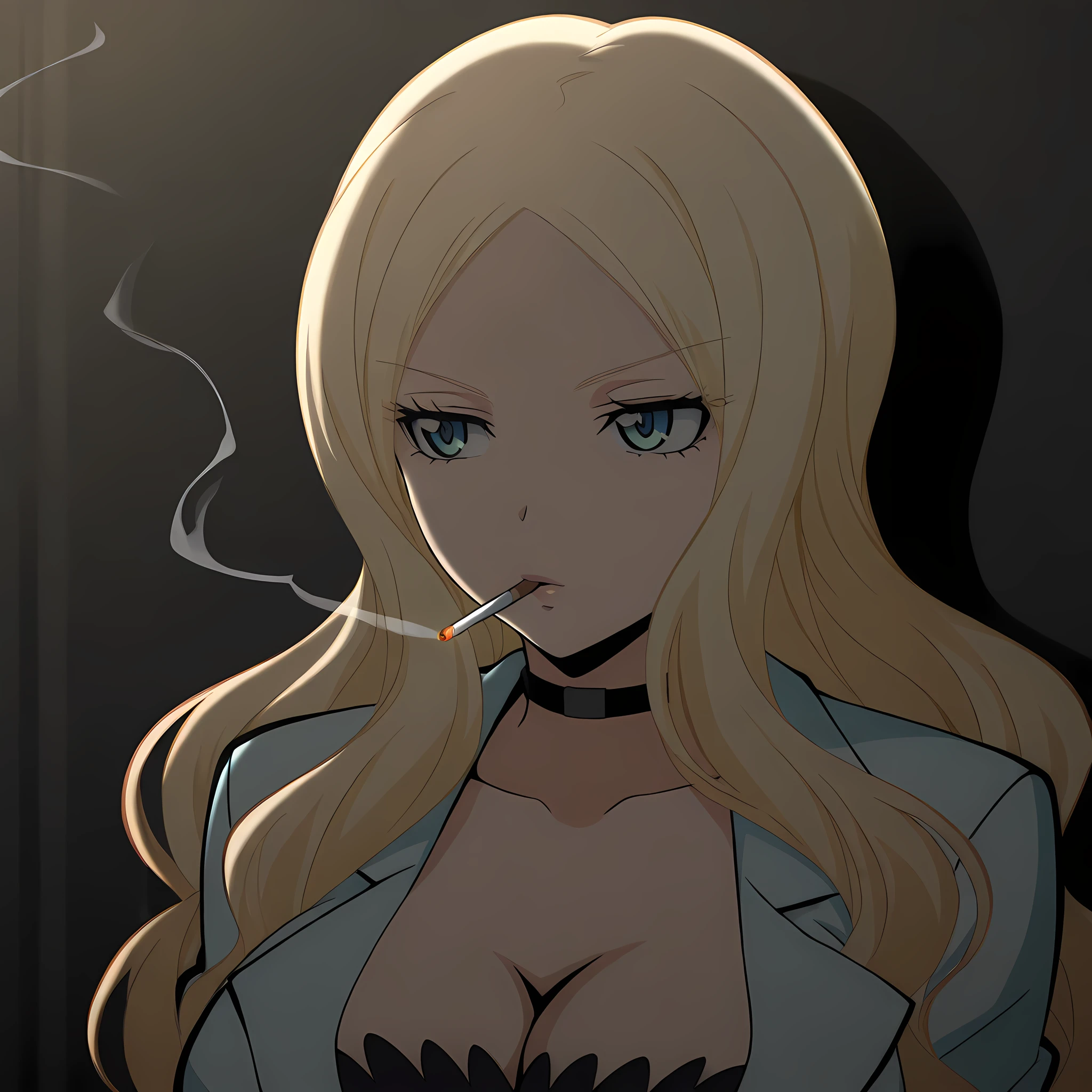 irina_jelavitch-aniver, 1girl, solo, cleavage, long hair, blonde hair, cigarette, choker, smoking, anime coloring, large breasts, blue eyes, upper body <lora:IrinaJelavitch-AnsatsuKyoushitsu-ILXL:1>, (masterpiece),(best quality),(ultra-detailed),(best illustration),(best shadow),(absurdres),(detailed background),(very aesthetic),
