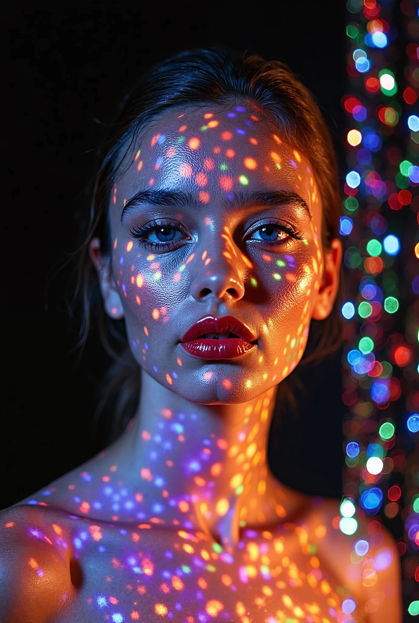 This striking portrait photograph showcases an artistic blend of digital projection and beauty photography. The image features a model against a dark background, with vibrant, multicolored light patterns projected onto their face and upper body, creating a mesmerizing digital landscape across their features. The lighting technique uses what appears to be a pixel-like or LED matrix pattern, particularly prominent on the face, where it creates a mosaic of colors including bright oranges, purples, blues, greens, and yellows. The projection is precisely mapped to the contours of the face, giving a three-dimensional quality to the digital overlay. This creates an effect reminiscent of high-tech digital mapping or futuristic interface designs. The model's makeup is expertly executed, with particular emphasis on the lips, which are painted in a deep red shade that stands out dramatically against the projected lights. Their eyes are intensely blue and appear to pierce through the digital overlay, creating a powerful focal point in the composition. The eye makeup enhances this effect, with what appears to be perfectly applied eyeliner and possibly false lashes that add drama to the gaze. The model's hair is pulled back sleekly, allowing the light projection to take center stage on their facial features without any obstruction. The skin appears flawless, serving as a perfect canvas for the light show while still maintaining visible human texture beneath the projection. On the right side of the image, there's a cascade of bokeh-like light effects, creating a vertical band of defocused colored lights that adds depth and atmosphere to the composition. These lights appear more scattered and organic compared to the precise grid pattern on the face. The neck and shoulder area transitions into a darker space where the projection becomes more scattered and sporadic, with small points of colored light appearing like stars or digital particles against the black background. This creates