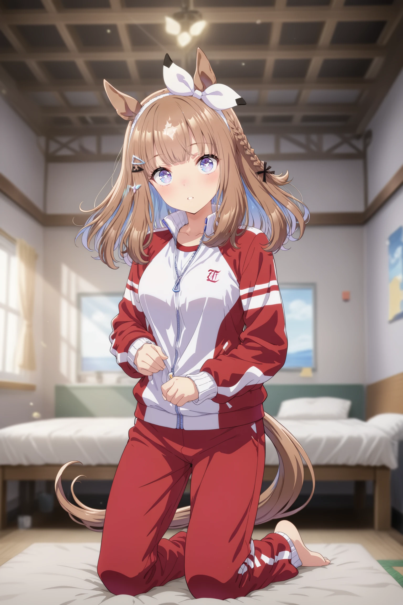1girl, almond eye (umamusume), umamusume,horse girl, animal ears, horse ears, medium breasts, horse tail,
blue eyes, +_+, sparkling eyes,
brown hair, blue hair, long hair, side braid, hairclip, diamond hair ornament, colored inner hair,
tracen training uniform,red jacket ,track jacket ,long sleeves, red pants ,
ceiling, full body, looking to the side, sleepy, oceans, parted lips,
(masterpiece, best quality, newest, highres), (anime coloring:1.3), (anime screenshot:0.5), <lora:almondeye_Illust_v1:0.8>