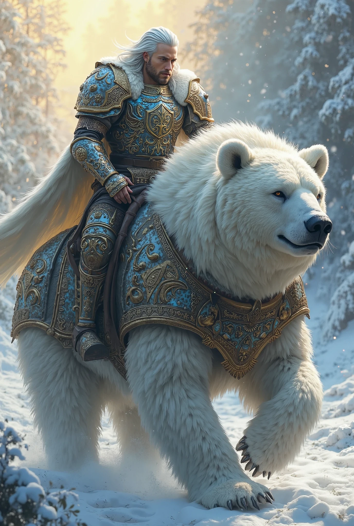 A majestic warrior , riding a massive armored white bear. The warrior has silver hair, a sharp gaze, and a battle-hardened expression. His ornate armor glows with blue magical runes, and the bear's armored plating is intricately decorated with ancient patterns. The background is a snowy fantasy landscape with soft golden sunlight filtering through the mist. Highly detailed, epic fantasy illustration, ultra-detailed,