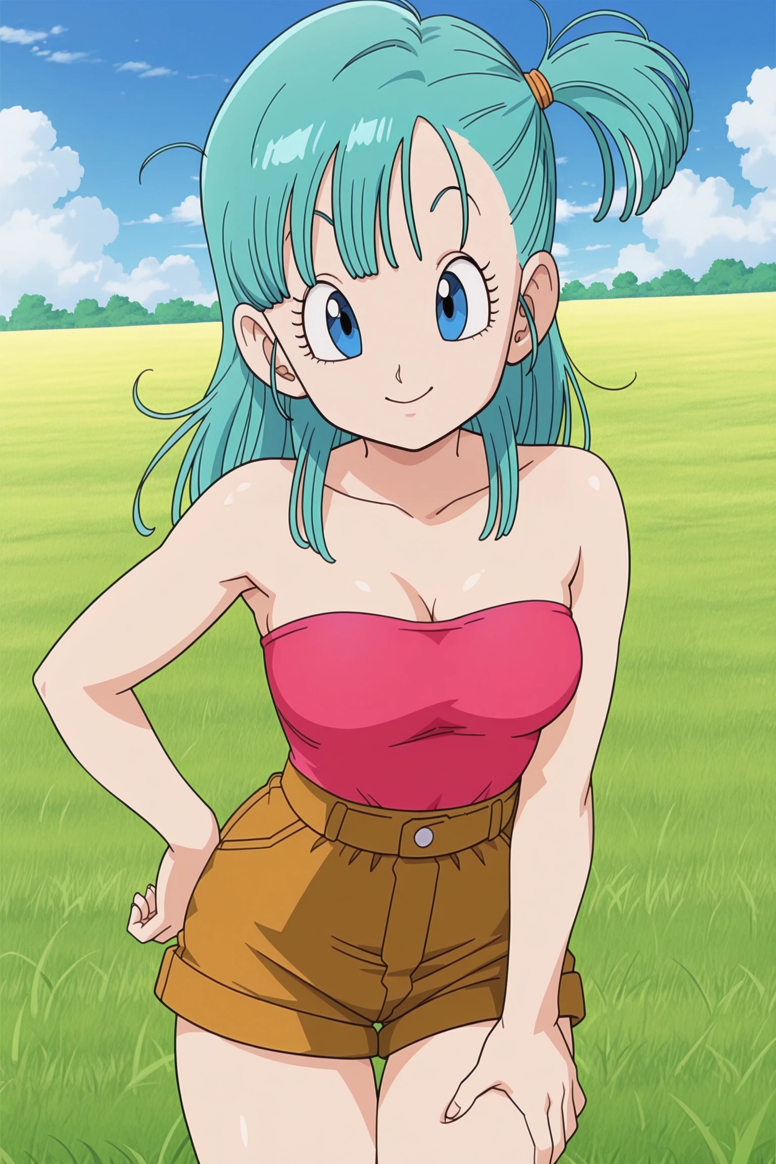 anime screencap, masterpiece, best quality, amazing quality, very aesthetic, absurdres, newest, (scenery, volumetric lighting), 
bulma, dragon ball \(classic\), tube top and shorts outfit, official style, 1girl, solo, thigh grab, breasts, shoulder length hair, looking at viewer, thigh gap, smile, blue eyes, cleavage, bare shoulders, medium breasts, standing, cowboy shot, outdoors, sky, day, cloud, blue sky, hand on hip, strapless, aqua hair, one side up, grass, brown shorts, short shorts, pink tube top, tube top, raised eyebrows, fingernails, eyebrows, eyelashes, fringe trim, collarbone, field
<lora:Bulma_IL_v3:0.8>
