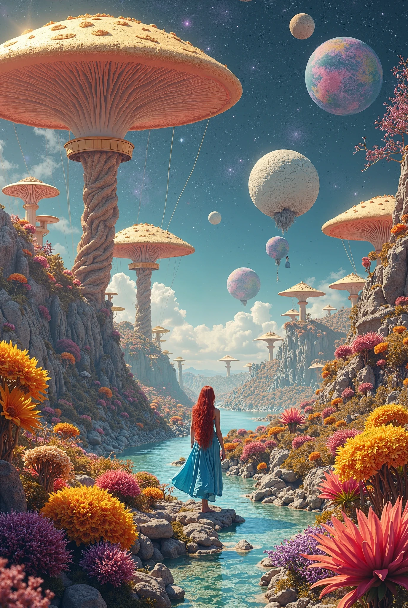 The image is a breathtakingly surreal and vividly detailed alien landscape, seemingly inspired by science fiction and psychedelic fantasy art. The composition is filled with otherworldly flora, a dreamlike celestial sky, and a lone traveler immersed in the mesmerizing scenery. Foreground and Landscape Details In the foreground, an array of oversized, alien flora dominates the landscape. These plants exhibit vibrant hues of red, orange, yellow, and blue, resembling an enchanted garden from an extraterrestrial world. Some flowers resemble giant sunflowers, while others appear as glowing, bioluminescent blossoms with intricate, crystalline petals. A clear blue river snakes through the terrain, its surface reflecting the golden light from a radiant sun. The riverbanks are made of jagged, rocky outcroppings interspersed with lush vegetation. The landscape is covered in thick clusters of golden, orange, and crimson foliage, forming a natural pathway leading deeper into the scene. Towering above the terrain are colossal mushroom-like trees with elegant, twisting stems. Their massive, flat, and domed caps come in different colors—some have golden tops with intricate textures, while others display pastel hues of pink, blue, and violet. Some of these fungi-like trees have smaller orbs floating above them, tethered by thin, root-like stems, creating the illusion of weightlessness. The Lone Traveler A lone female figure, dressed in a flowing blue gown with long red hair cascading down her back, is walking along the landscape. Her presence suggests exploration and discovery, as she gazes toward the horizon where the terrain meets the sky. She is small compared to the grandeur of her surroundings, emphasizing the vastness of this alien world. Celestial Elements The sky is a cosmic masterpiece, blending deep purples, blues, and pinks with swirling nebulas and distant galaxies. Gigantic planets, some with cratered surfaces and others covered in vibrant, swirling patterns, dominate the upper portion of the scene. One of the largest planets in the background features a luminous yellow-orange surface punctuated with circular, crater-like patterns. Another celestial body appears to be encased in a thin, glowing ring, adding an element of astronomical wonder. A radiant sun shines intensely, casting a golden glow that illuminates the flora and enhances the vibrancy of the scene. The play of light and shadow accentuates the surreal textures and details of the plants, terrain, and sky. Atmosphere and Artistic Style The overall mood of the image is both fantastical and ethereal, evoking a sense of wonder and exploration. The surreal landscape, rich with exaggerated forms and dreamlike colors, resembles visionary artwork inspired by the works of science fiction illustrators and psychedelic fantasy painters. The intricate details, such as the texture of the planet surfaces, the veins on the mushroom caps, and the reflections on the water, add depth and realism to the composition despite its fantastical nature. This alien world seems like a place of untamed beauty, where nature and cosmic elements intertwine seamlessly, creating an immersive environment filled with awe-inspiring details. The presence of the lone traveler invites the viewer to step into the scene, sparking curiosity about the mysteries that lie beyond the horizon.
