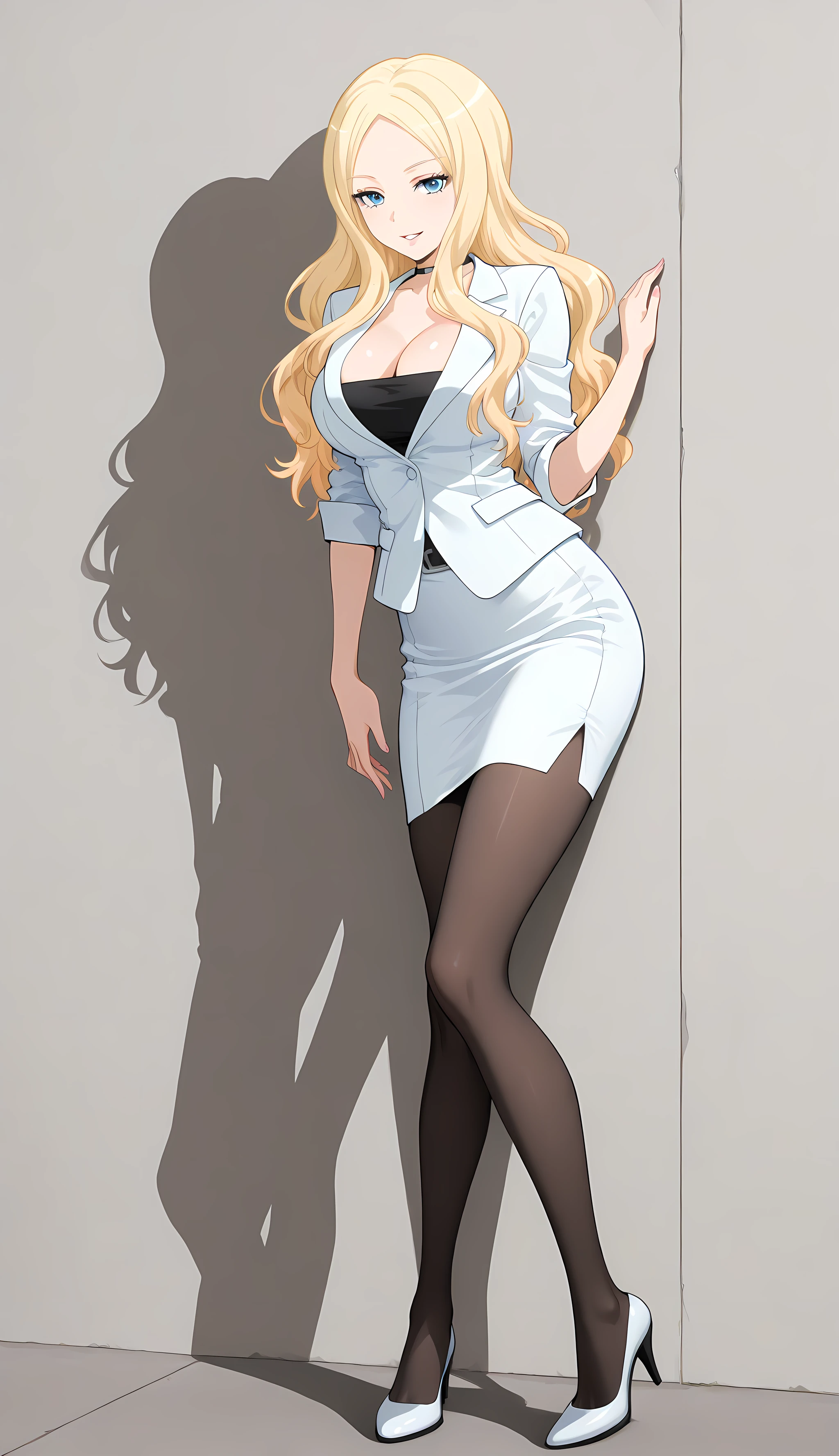 irina_jelavitch-aniver, 1girl, blonde hair, solo, long hair, white skirt, pantyhose, cleavage, blue eyes, full body, pencil skirt, high heels, choker, large breasts, seductive smile, parted lips, leaning on the wall, <lora:IrinaJelavitch-AnsatsuKyoushitsu-ILXL:1>, (masterpiece),(best quality),(ultra-detailed),(best illustration),(best shadow),(absurdres),(detailed background),(very aesthetic),
